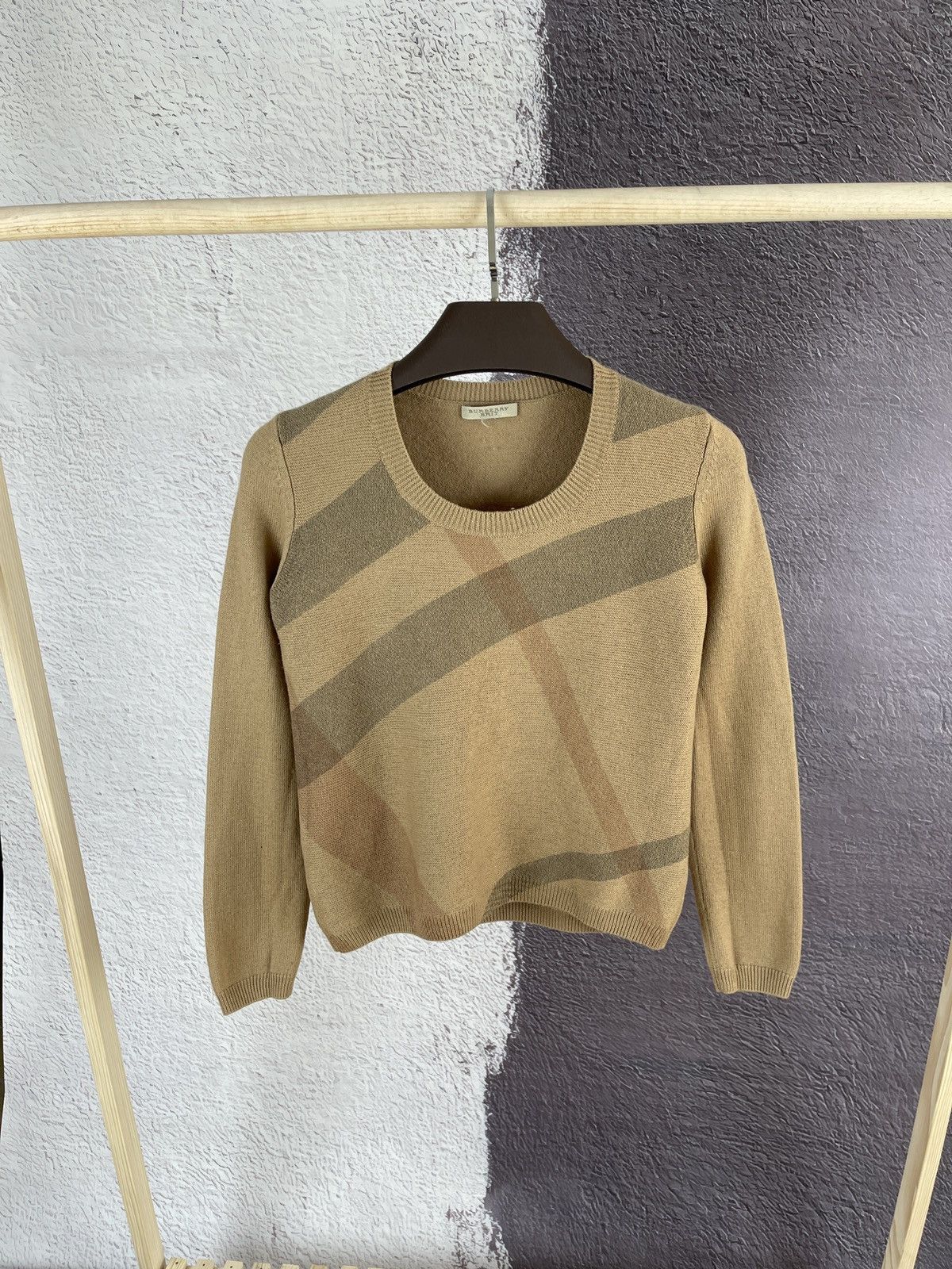 image of Burberry Brit Women’S Nova Check Wool Cashmere Sweater in Beige, Women's (Size Small)
