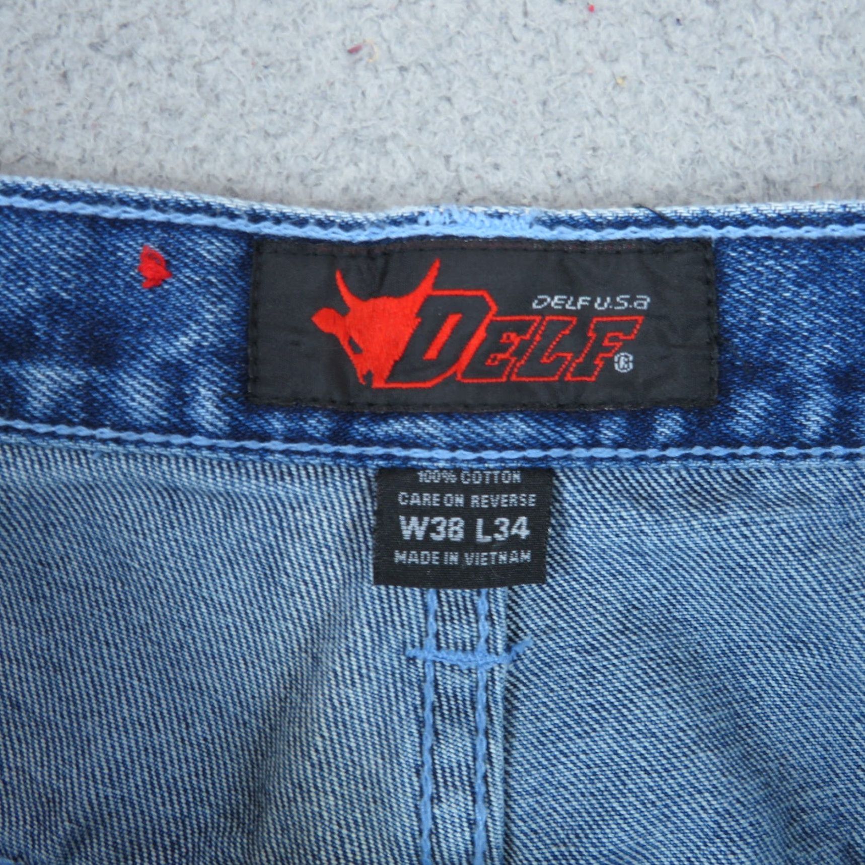 VINTAGE DELF Jeans Baggy Mens 36 5-Pocket Denim Blue Cotton Embroidered 90s Skater Grunge Pipe VTG