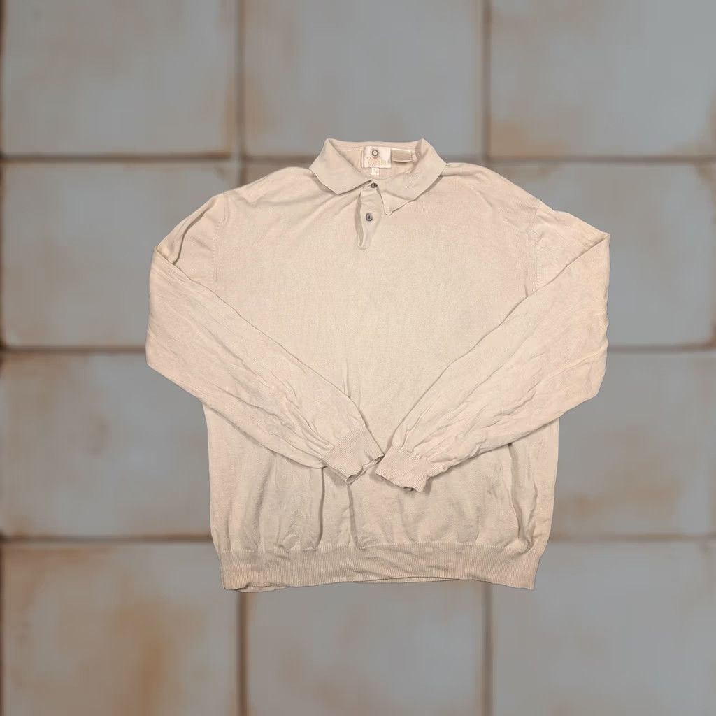 Vintage Viyella Sweater Mens Medium Beige Cotton Knit Polo Collar Long Sleeve Pullover Size US M / EU 48-50 / 2 - 1 Thumbnail