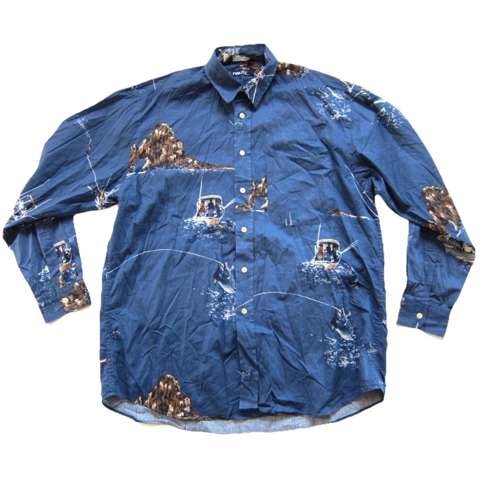 Nautica Vtg Nautica Shirt Button-Up Men L Cotton Blue Brown Fishing Boat Long Sleeve Collar-Down Button Size US L / EU 52-54 / 3 - 2 Thumbnail
