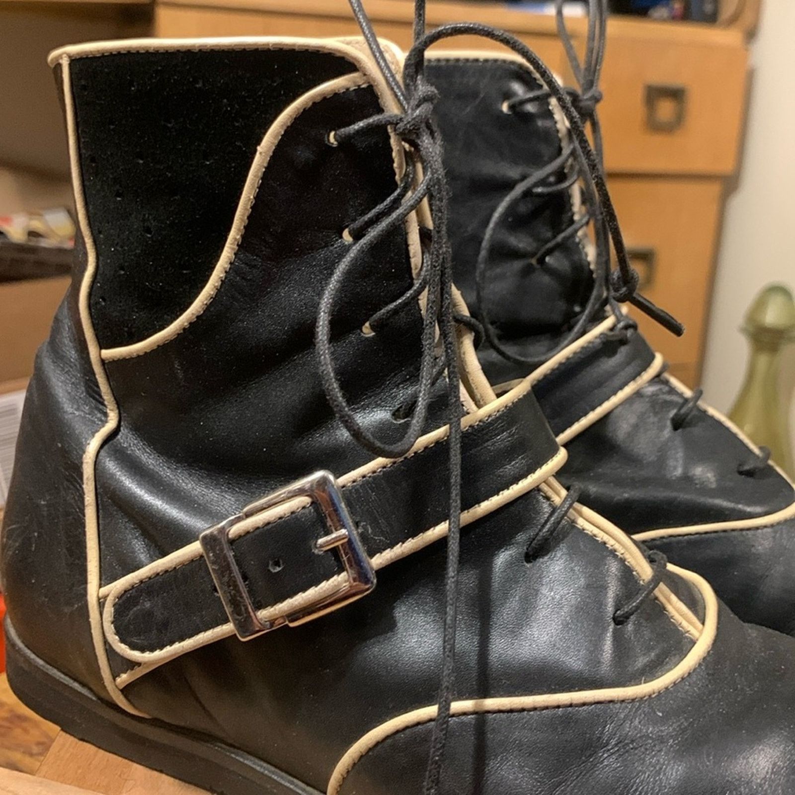 John Fluevog In the Money black boots with buckles straps