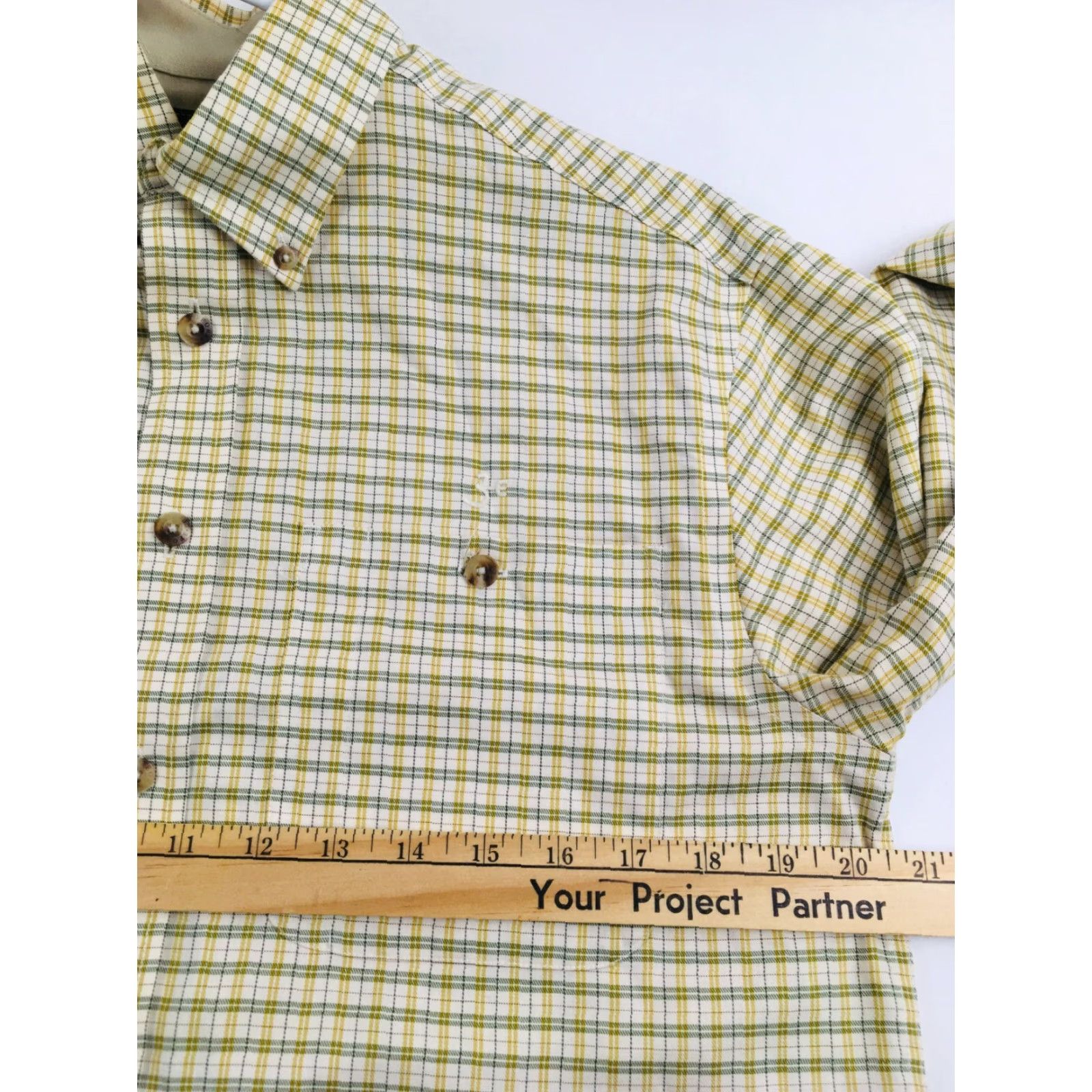 Vintage Three Forks Shirt Men Button-Down Long Sleeve Plaid Nanotex Fabric Yellow Small Size US S / EU 44-46 / 1 - 3 Thumbnail