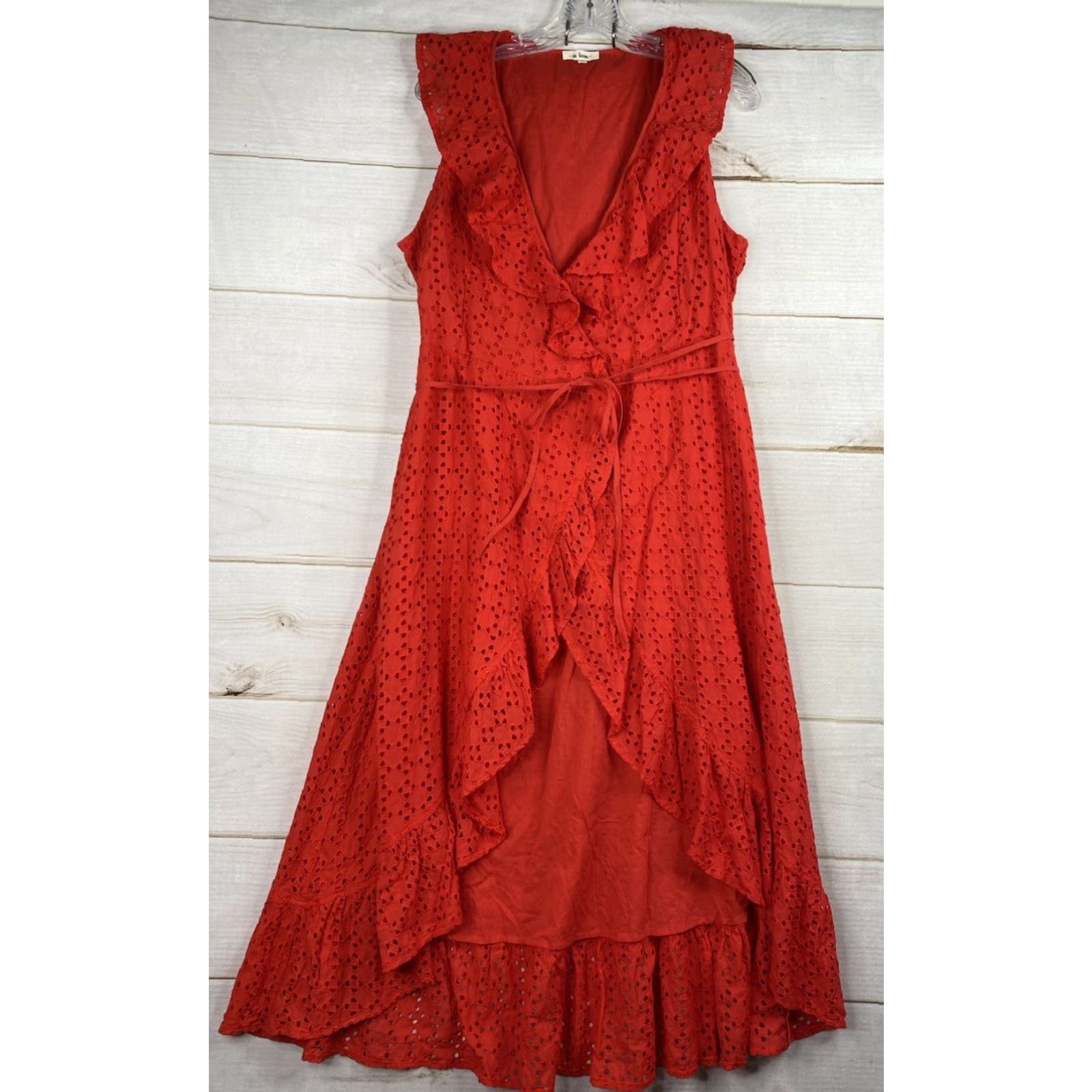 Vintage VINTAGE IN LOOM Maxi Dress L Red Wrap Style V-Neck Ruffled Eyelet Cotton Lined Size L / US 10 / IT 46 - 2 Thumbnail