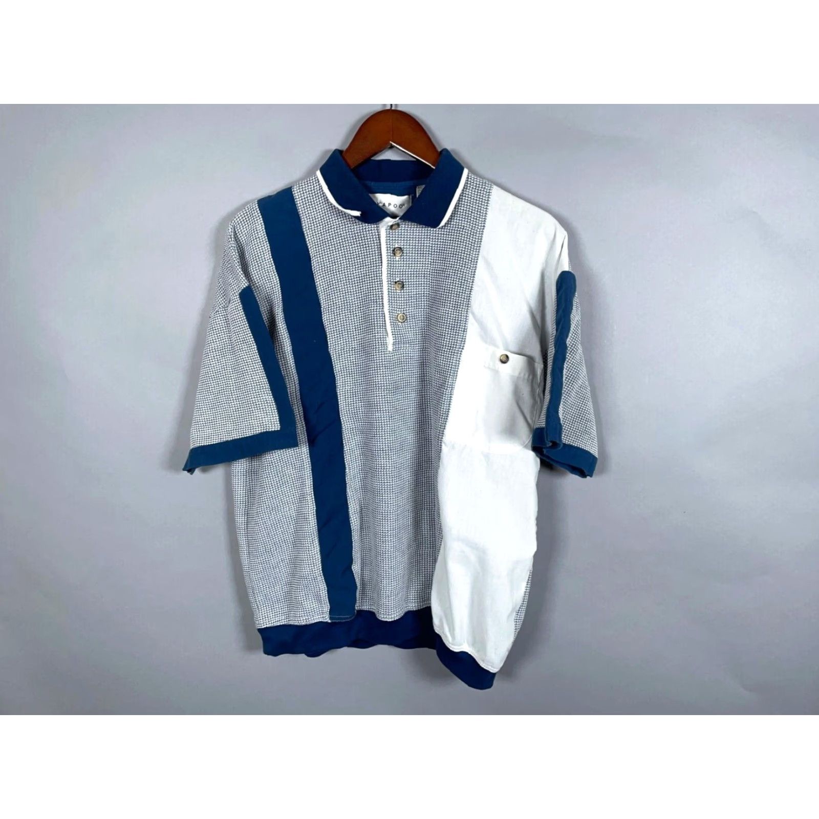 Vintage VTG 80s Hukapoo Textured Paneled Polo Shirt Adult Large Blue White Retro Woven Size US L / EU 52-54 / 3 - 2 Thumbnail