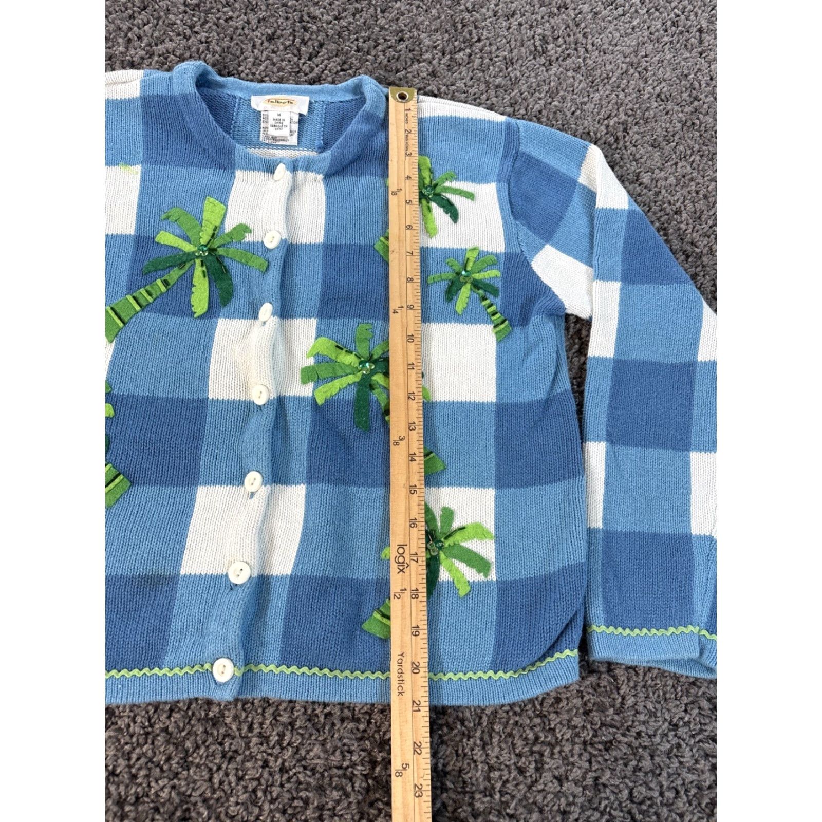 Talbots VINTAGE Talbots Cardigan Sweater Women M Blue White Checks Applique Palm Trees Knit Slit Sleeve Round Neck Size M / US 6-8 / IT 42-44 - 2 Thumbnail