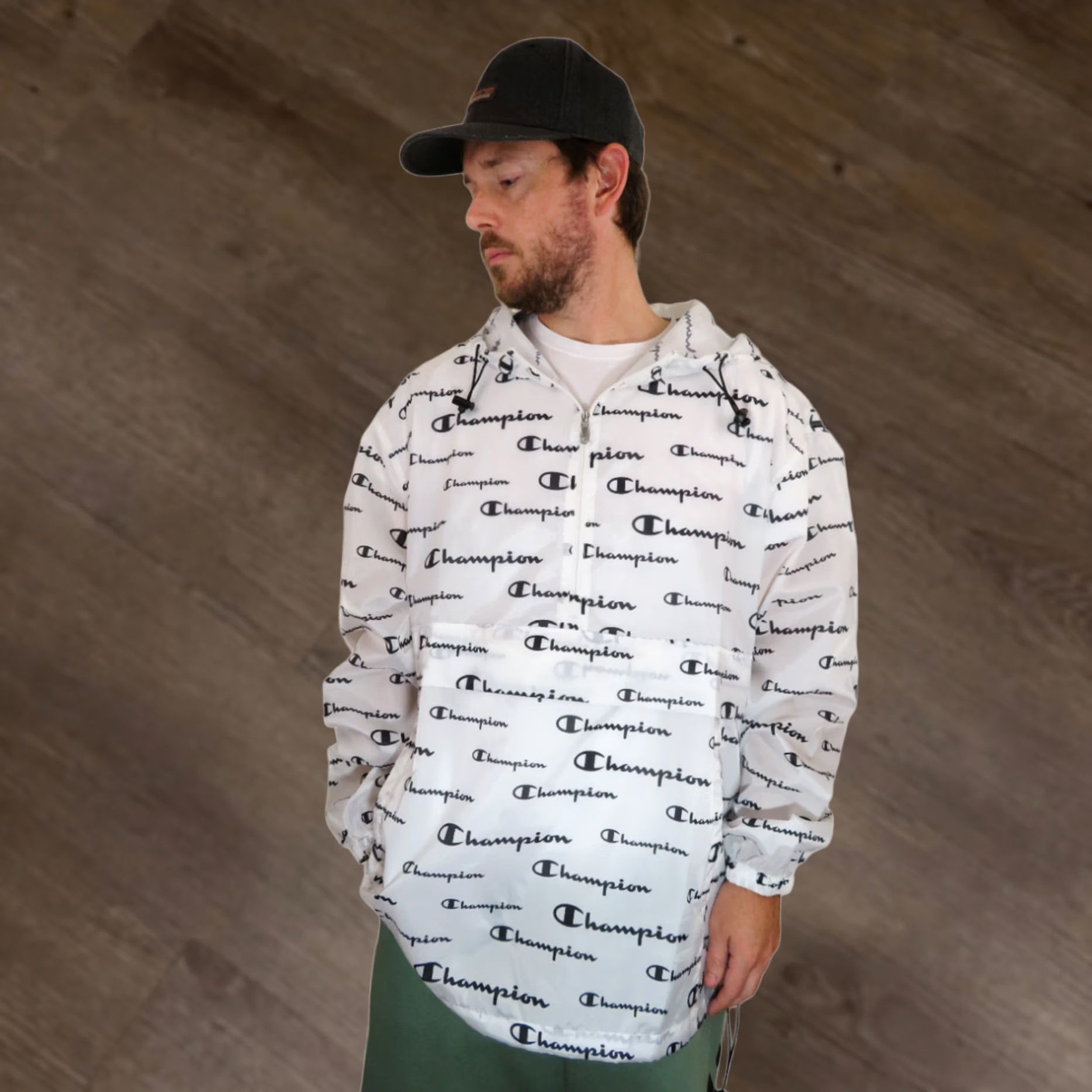 Champion Champion All Over Print Windbreaker Jacket Coat Mens XL Hooded Pullover Zip Front White Satin N/A Size US XL / EU 56 / 4 - 1 Thumbnail