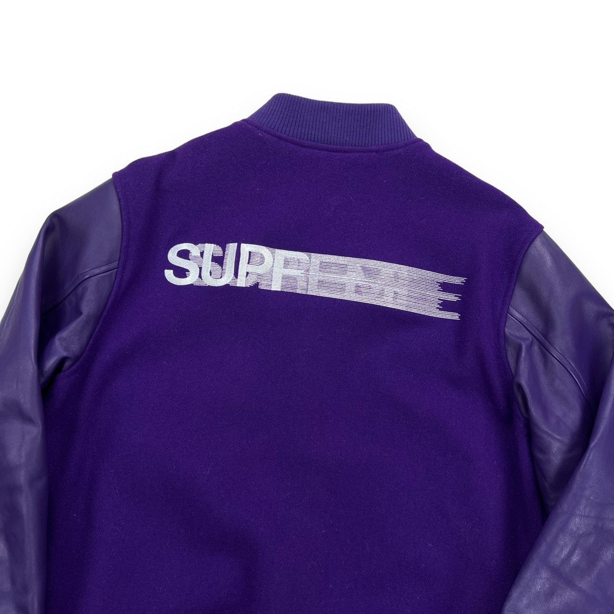 image of Supreme Motion Logo Purple Leather Varsity Jacket, Men's (Size Medium)