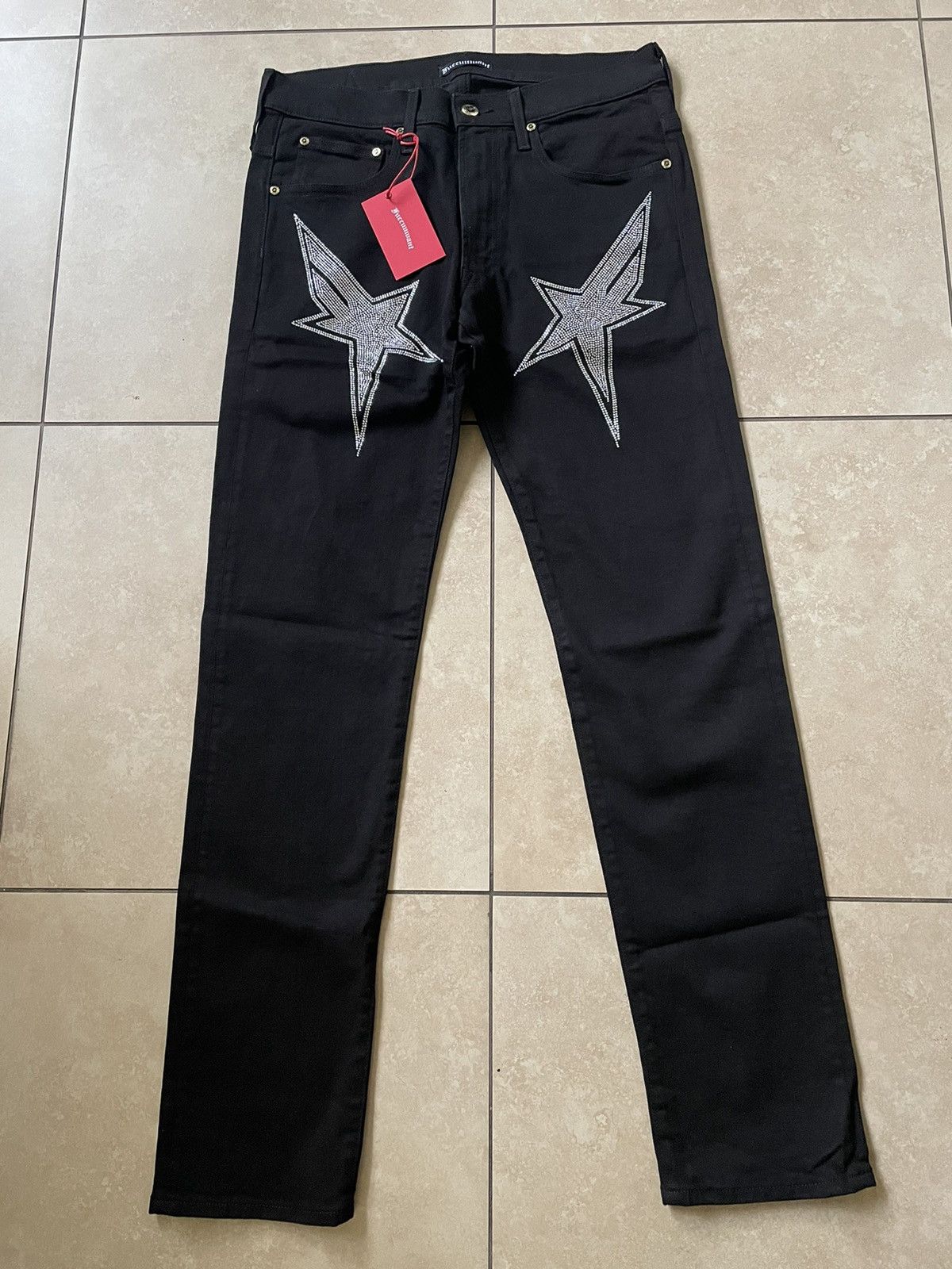 image of Hysteric Glamour Fuccuuwant Rhinestone Star Denim Jeans Slim in Black, Men's (Size 32)