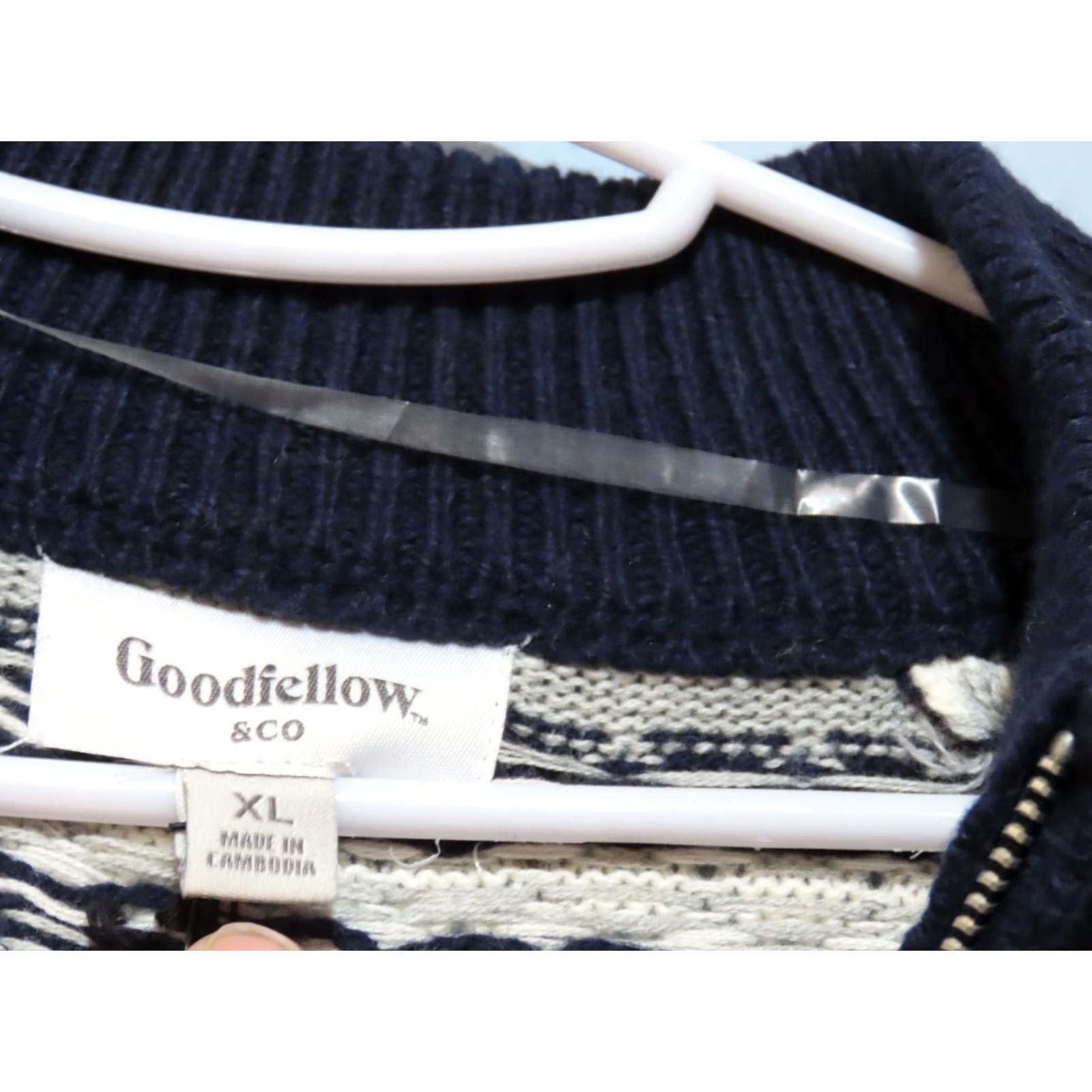 Vintage Goodfellow & Co Sweater Full Zip Navy White Gray Knit Cotton/Acrylic Blend Men's XL Navy with Print Around Neck Size US XL / EU 56 / 4 - 5 Thumbnail