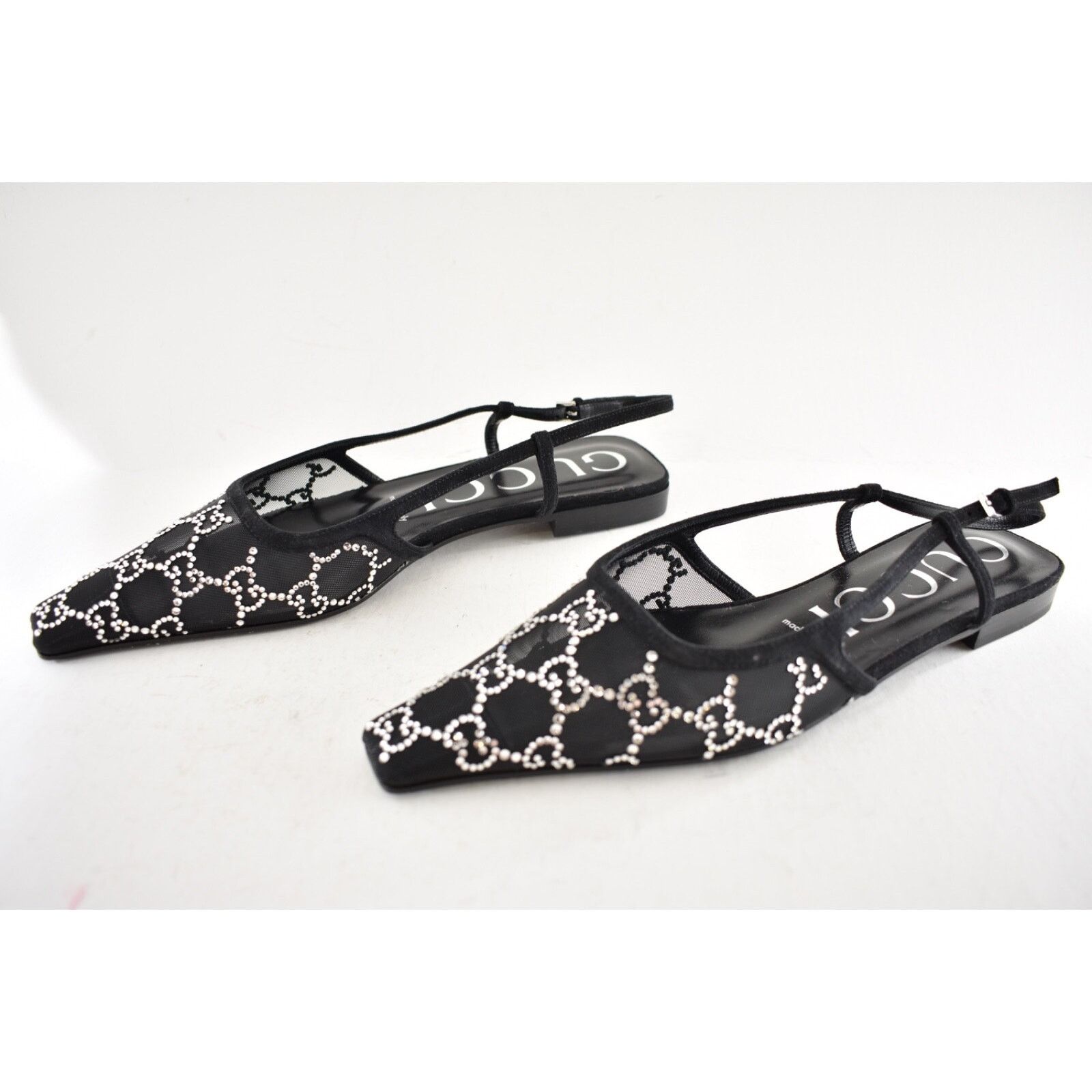 Gucci Gucci Demi GG Crystal Mesh Black Silver Slingback Ballerina Size US 7.5 / IT 37.5 - 13 Thumbnail