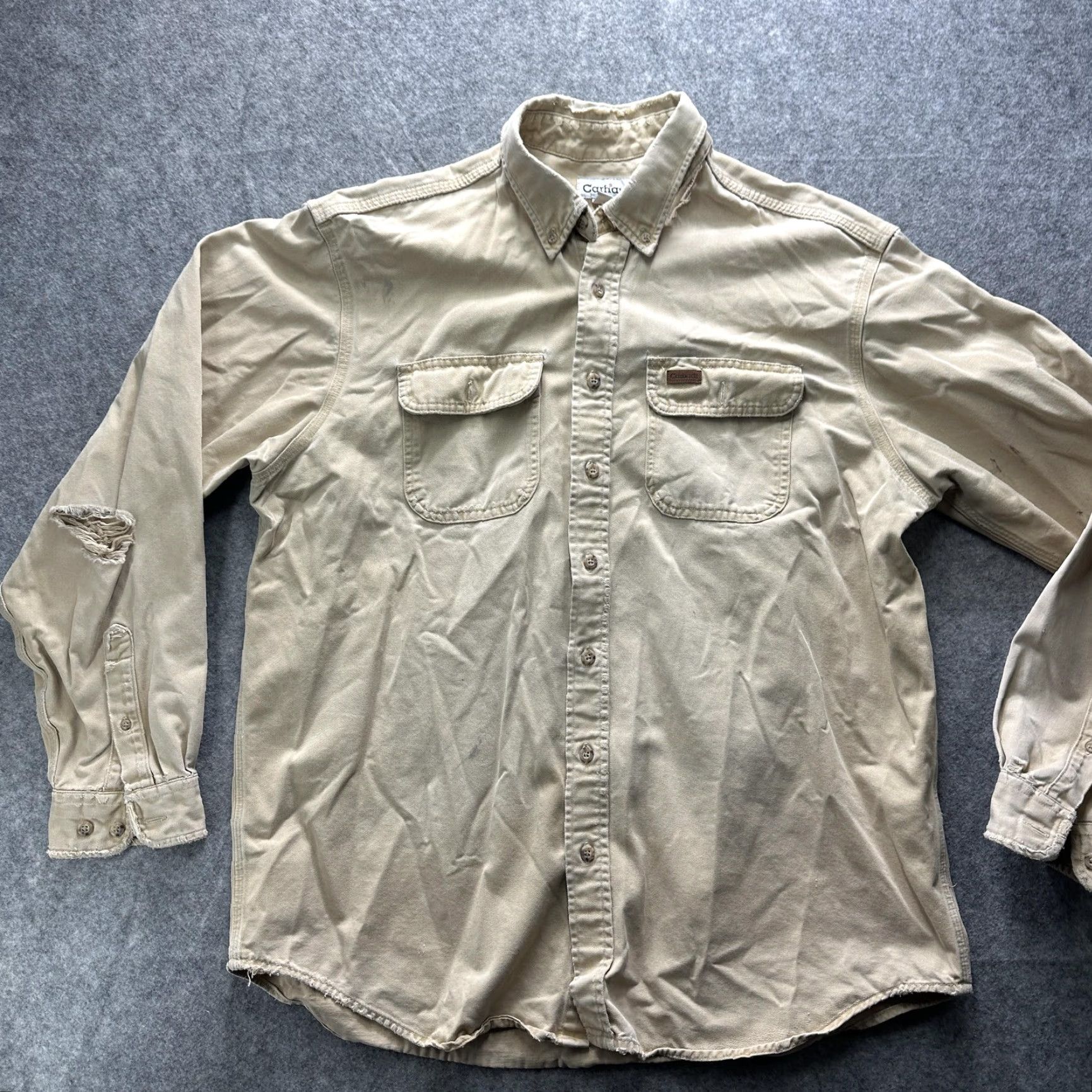 Carhartt VINTAGE Carhartt Shirt Mens XLT Beige Cotton Twill Workwear Button Up Distressed Size US XL / EU 56 / 4 - 4 Thumbnail