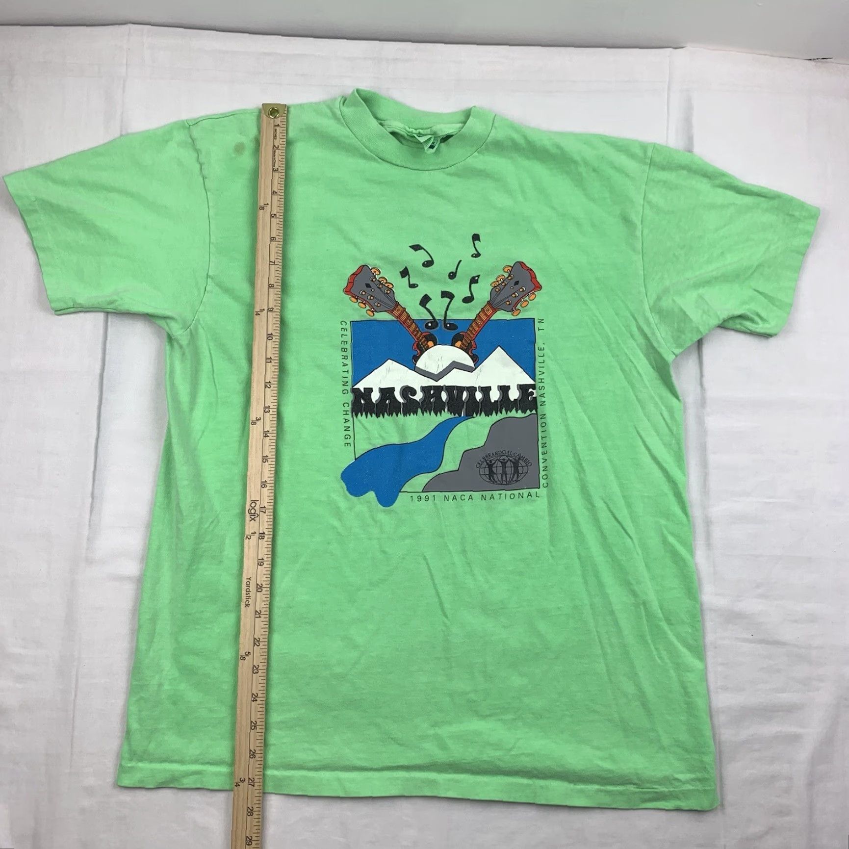 Hanes VINTAGE Hanes T-Shirt 90s Music Green XL Adult Crew Neck Short Sleeve Nashville NACA National Convention 1991 Boys/Men? Size US XL / EU 56 / 4 - 5 Thumbnail