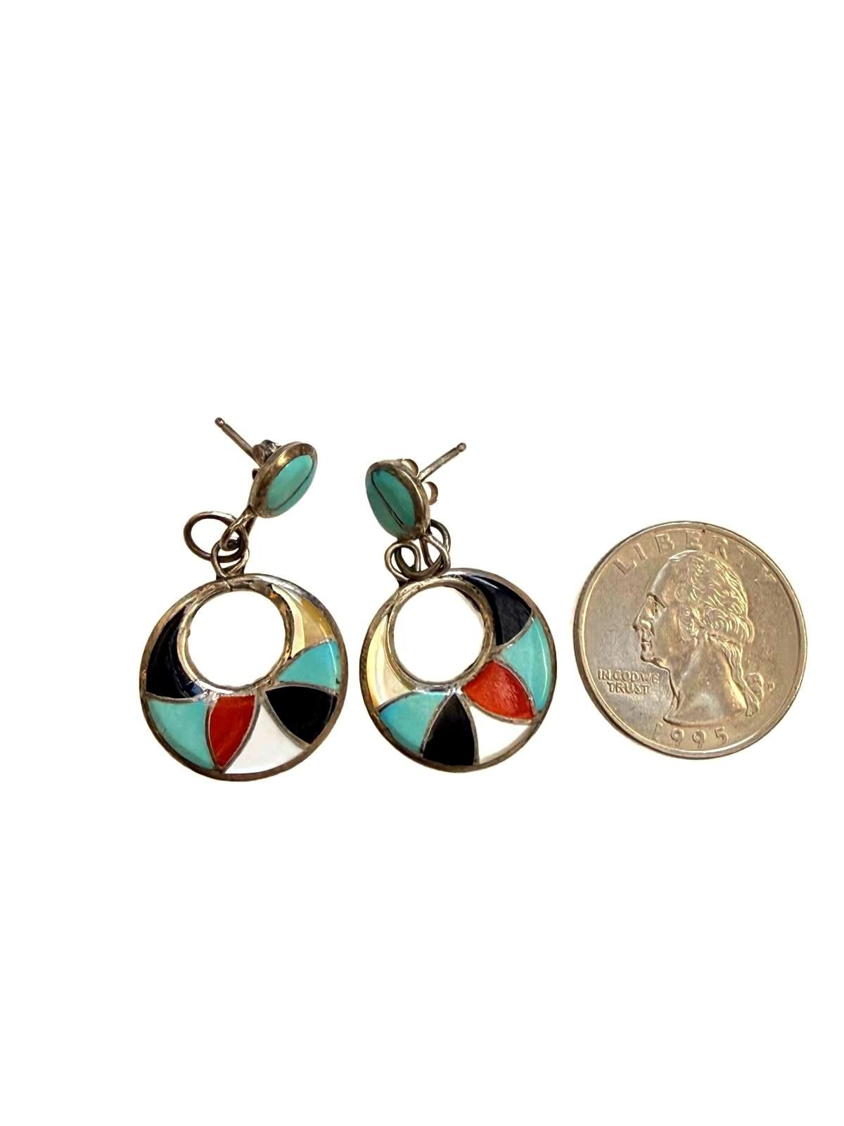 Zumiez Zuni Sterling Inlay Dangle Earrings Turquoise Coral Onyx Size ONE SIZE - 3 Thumbnail