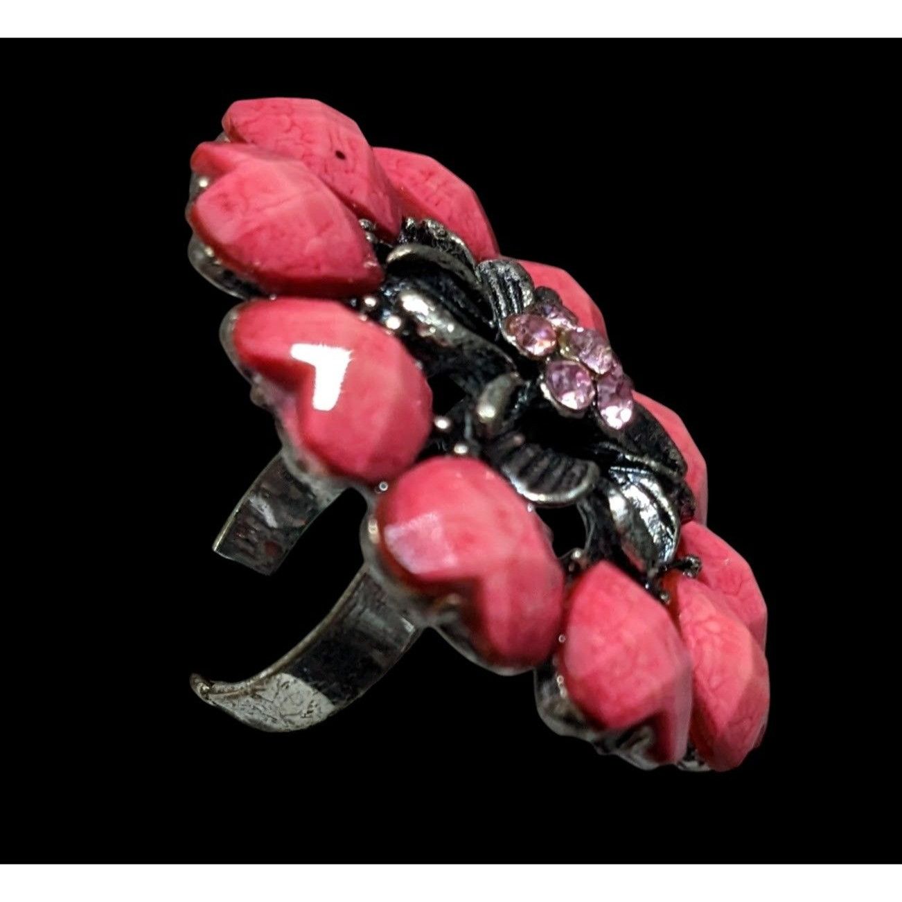 Other Coquette Floral Heart Pink And Silver Tone Adjustable Ring S Size ONE SIZE - 3 Thumbnail