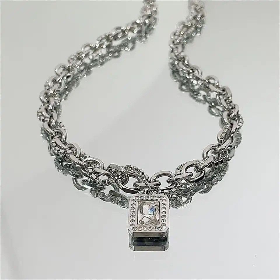 Jewelry × Vintage Hip Hop Square Zircon Necklace Titanium Steel Pendant Size ONE SIZE - 2 Thumbnail