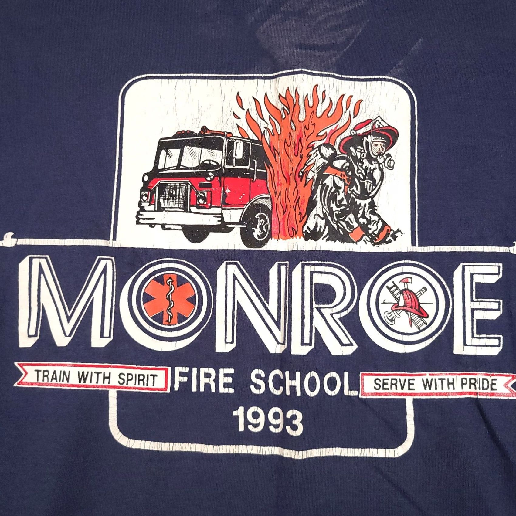 Fruit Of The Loom VINTAGE Monroe Fire School Shirt Mens 3XL Blue 1993 90s Tee Firefighter Graphic USA T-Shirt Size US XXL / EU 58 / 5 - 4 Thumbnail