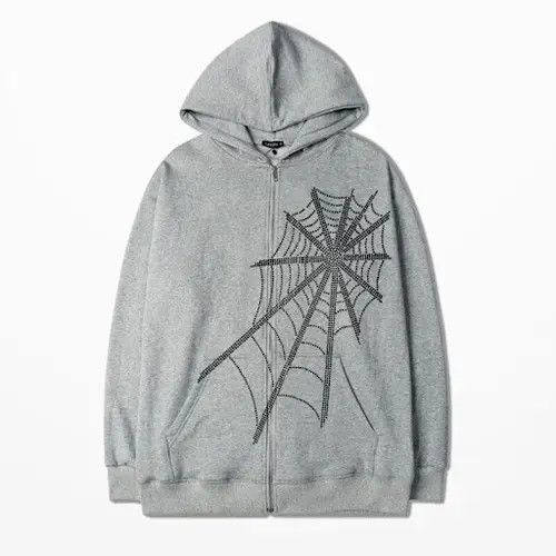Rhinestone Spider Web Zip Up Hoodie