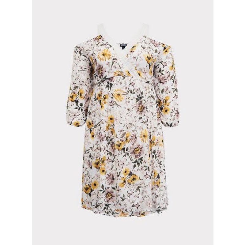 Torrid TORRID Size 1X Dress Ivory Floral Cold Shoulder Skater Dress Size XL / US 12-14 / IT 48-50 - 5 Thumbnail