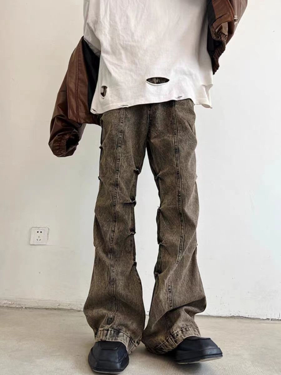 Vintage brown washed distressed micro-flared jeans