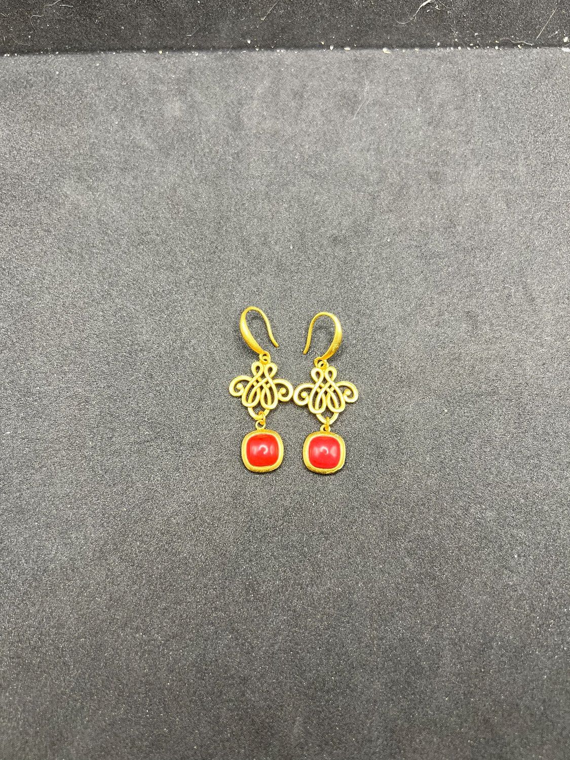 Jewelry Red Square Cinnabar Beads Gold Dangle Earrings Size ONE SIZE - 3 Thumbnail