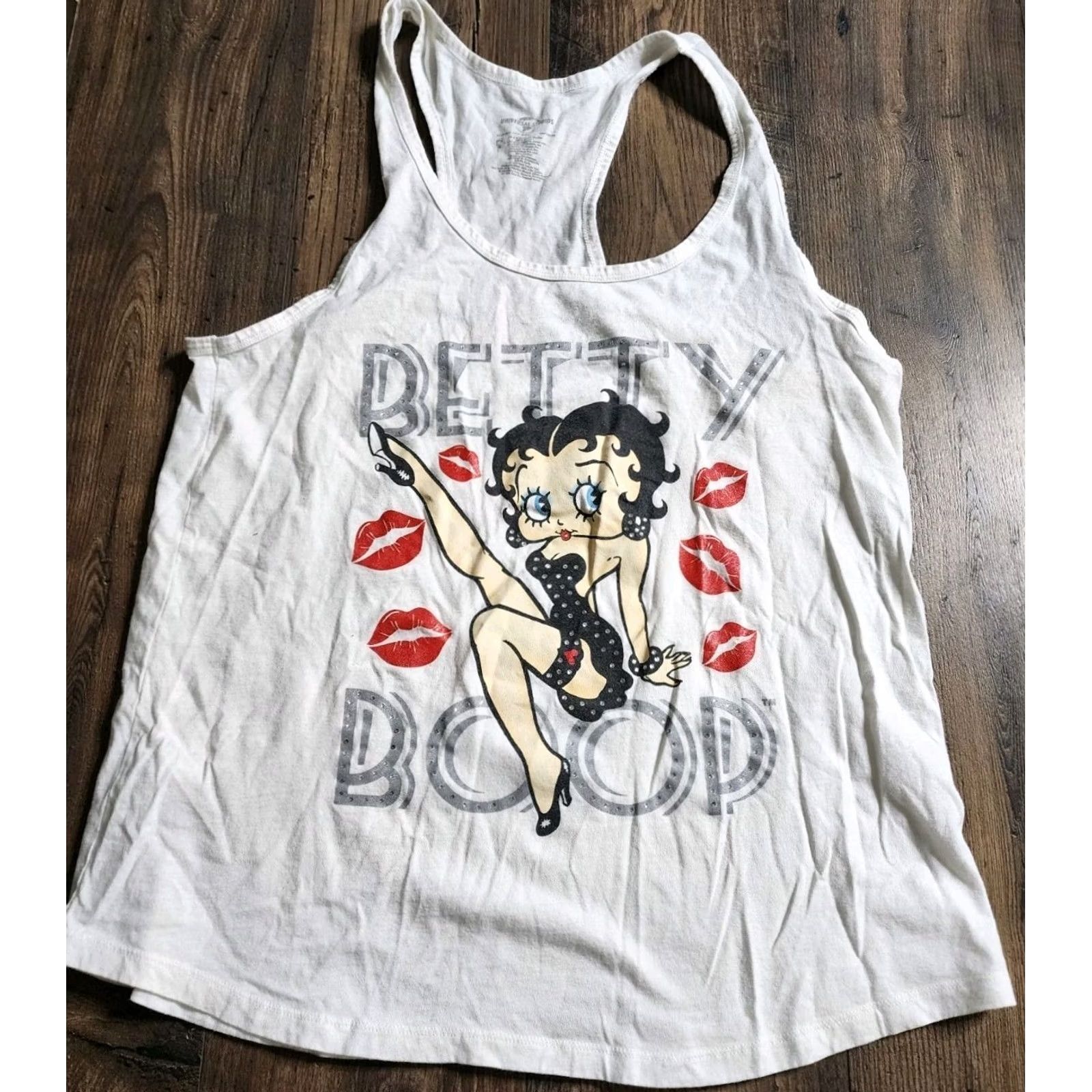 Vintage Womens Betty Boop Rhinestone Tank Top Shirt 2XL White Cotton Jersey Sleeveless Scoop Neck Casual Summer Betty Boop Womens 2XL Universal Studios --> Size XXL / US 16-18 / IT 52-54 - 2 Thumbnail