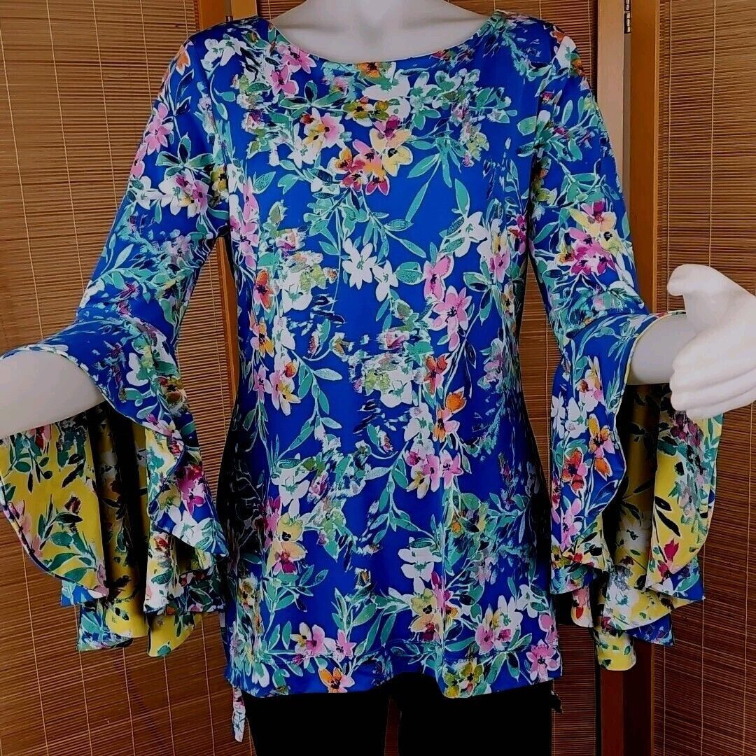 Vintage Shelby Palmer Bell Sleeve Tunic Top Womens 12 Teal Floral Pr Size XL / US 12-14 / IT 48-50 - 14 Thumbnail