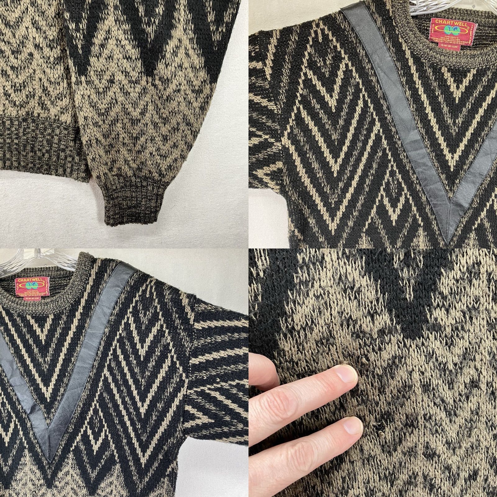 Vintage VINTAGE Cartwell Leather Acrylic Sweater Pullover Crew Neck Long Sleeve Men L Black Tan Geometric Pattern 80s 70s Bohemian Retro Size US L / EU 52-54 / 3 - 8 Thumbnail