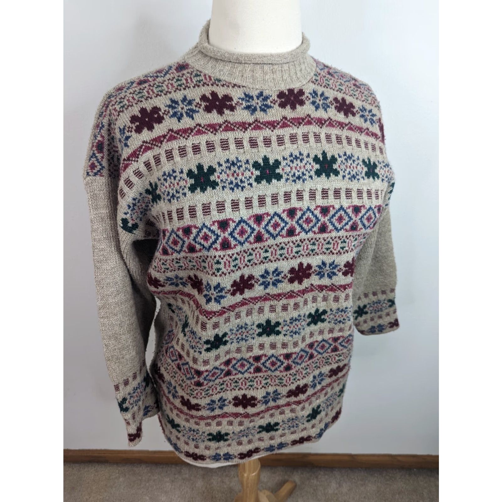 Vintage VINTAGE 90s Mock Neck Fair Isle Relaxed Sweater Beige Floral Cottagecore Grunge S3C Size L / US 10 / IT 46 - 2 Thumbnail