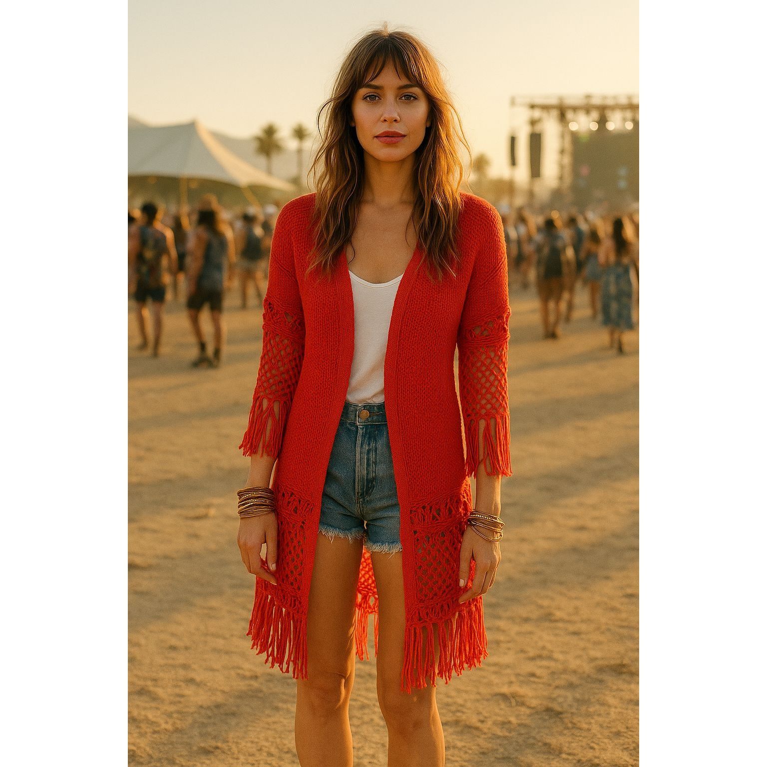 Other 600 West Rust Red Boho Fringe Cardigan Open Knit Sweater Cro Size M / US 6-8 / IT 42-44 - 3 Thumbnail