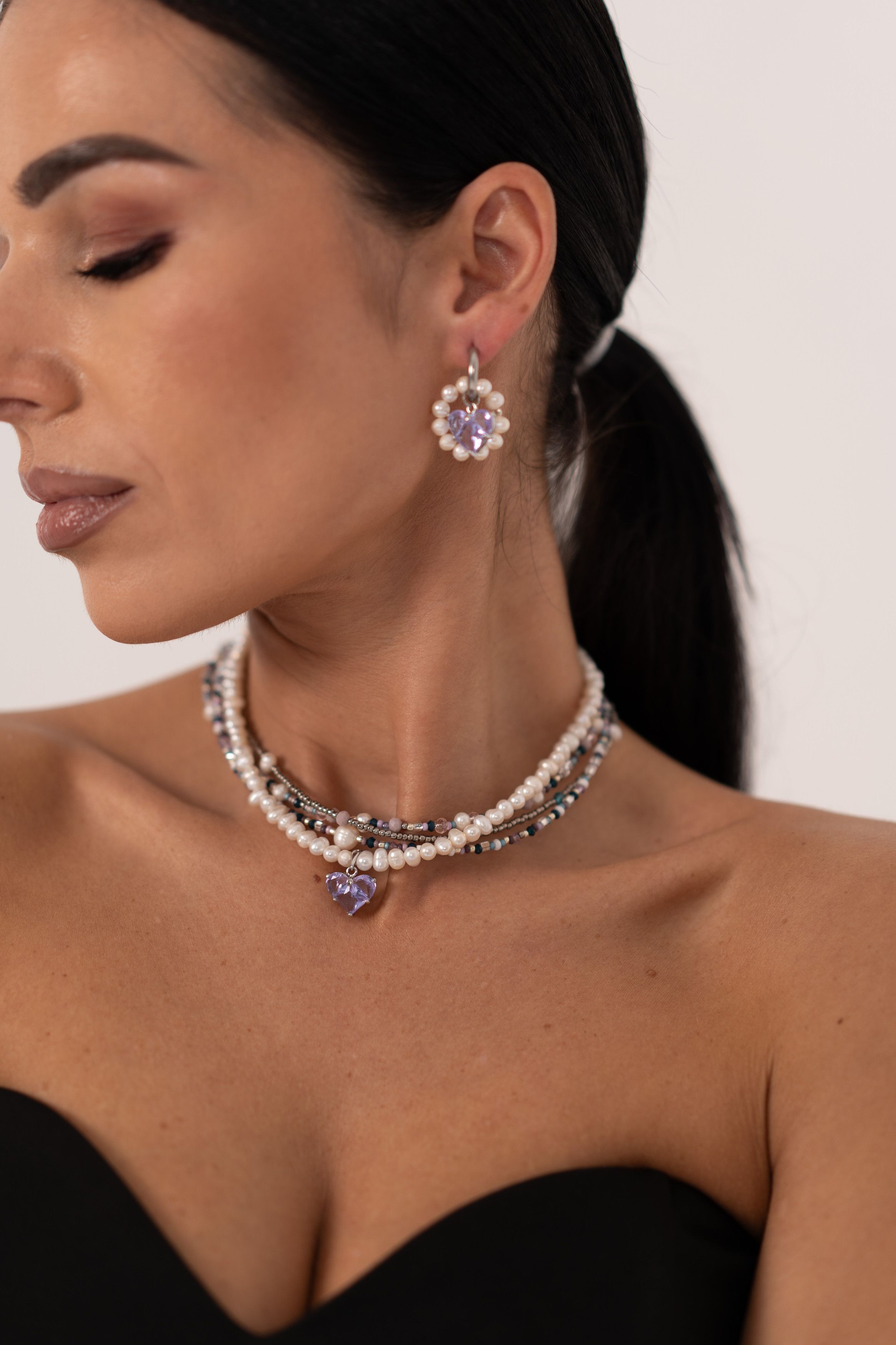 Other Handmade Pearl & Crystal Jewelry Set – Violet Heart Pendant Size ONE SIZE - 1 Thumbnail