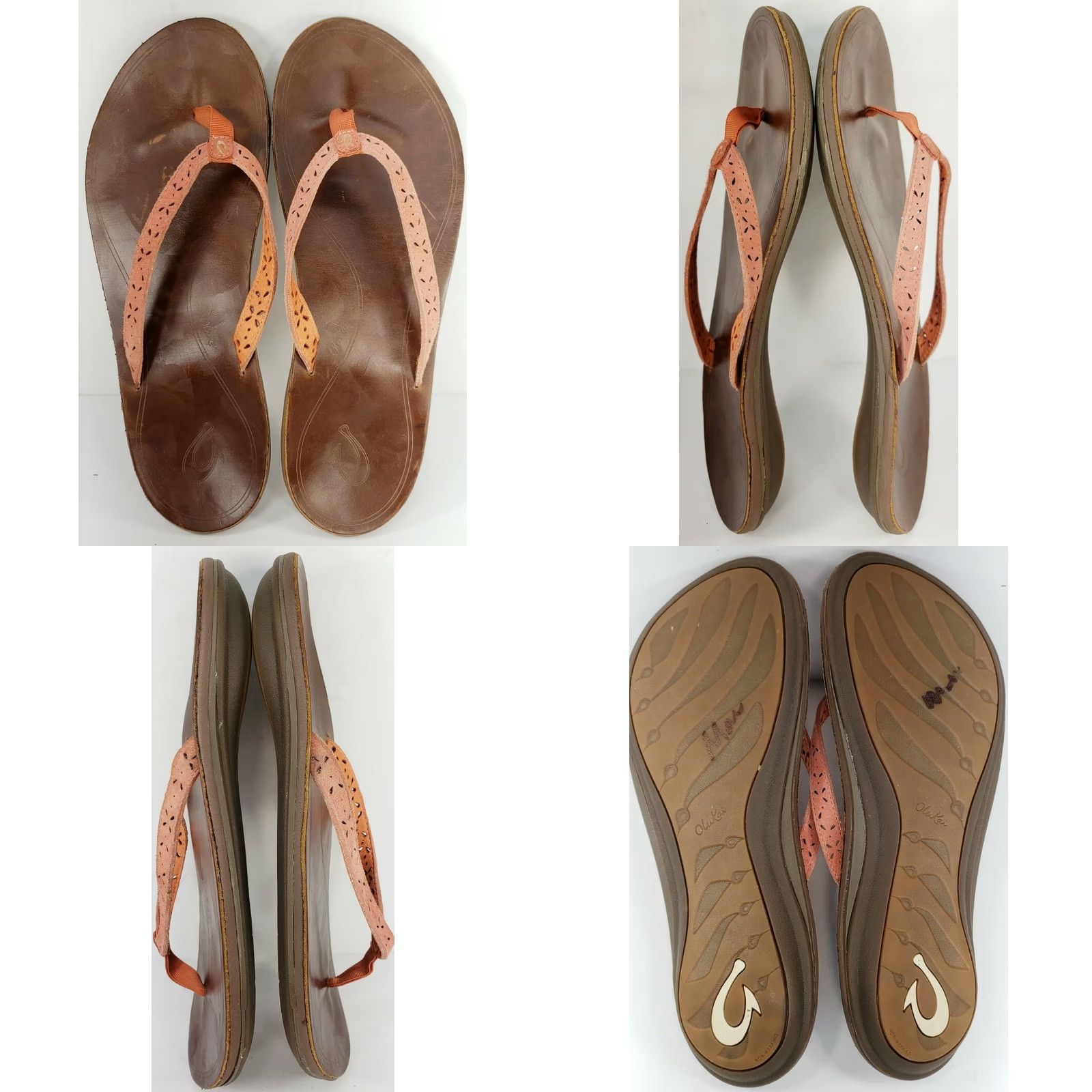 Olukai OluKai Puka Flip Flops Sandals Womens Size 9 Coral Perforated Straps Leather Slip On Flat Satin? Size US 9 / IT 39 - 8 Thumbnail