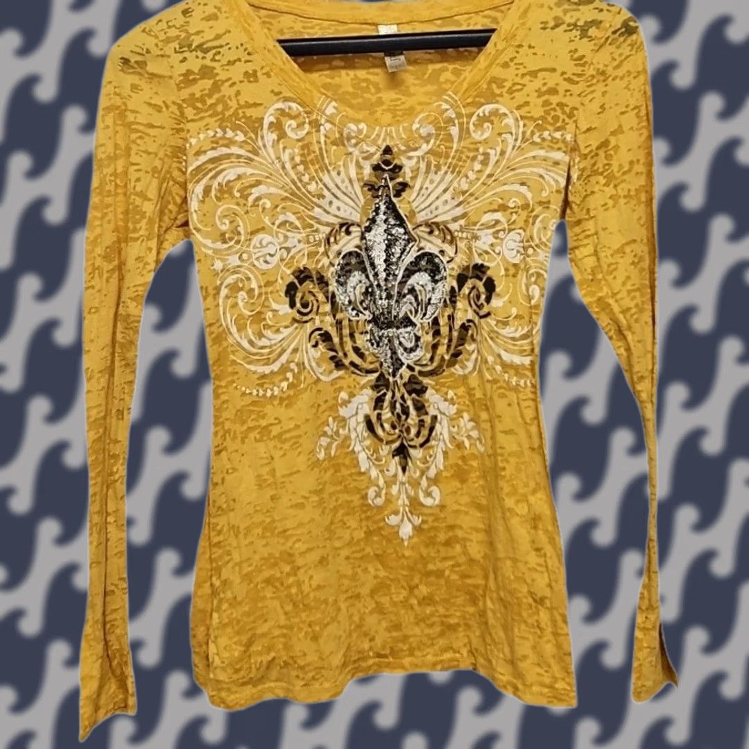 Vintage Fleur de Lis Yellow Long Sleeve Top Women’s L Burnout Y2K USA Graphic Knit Size L / US 10 / IT 46 - 1 Thumbnail