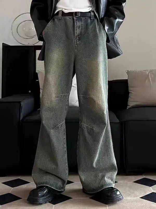 Vintage washed distressed wide-leg jeans