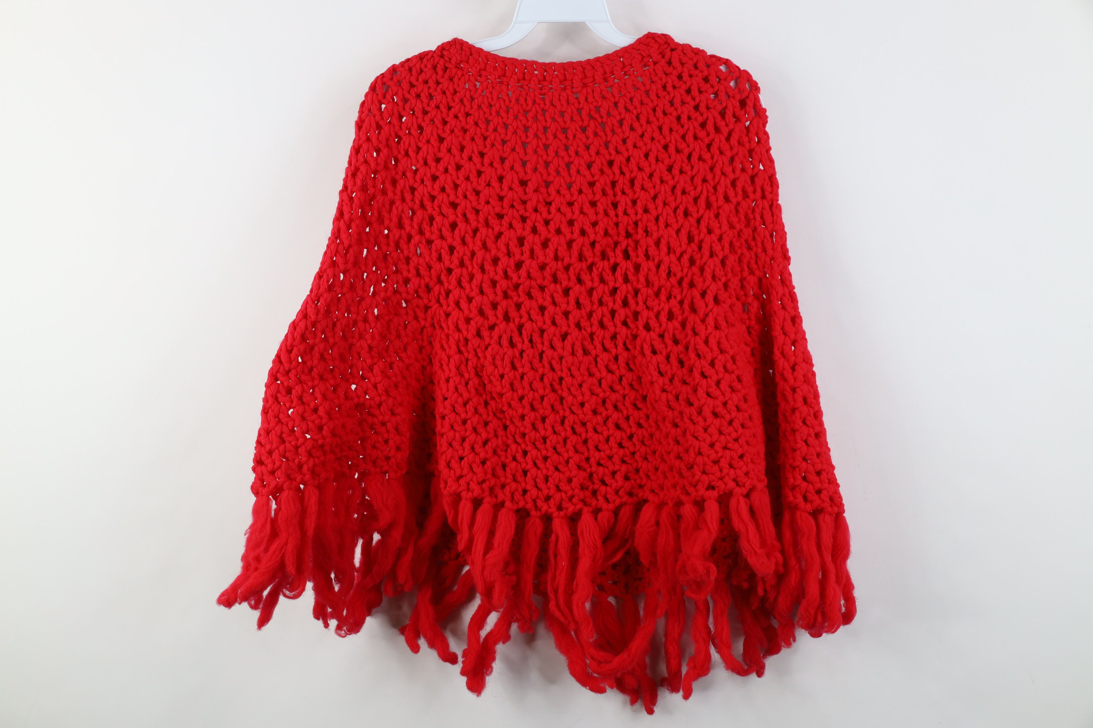 Vintage Vintage 50s 60s Fringed Crochet Poncho Sweater Cape Red USA Size ONE SIZE - 8 Thumbnail