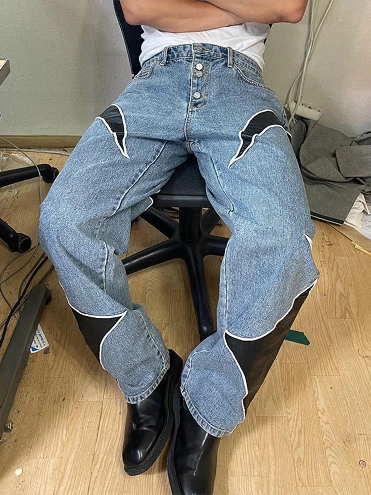 Japanese Brand × Jean Embroidery Pu Leaher Patchwork Baggy Jeans Size US 31 - 5 Thumbnail