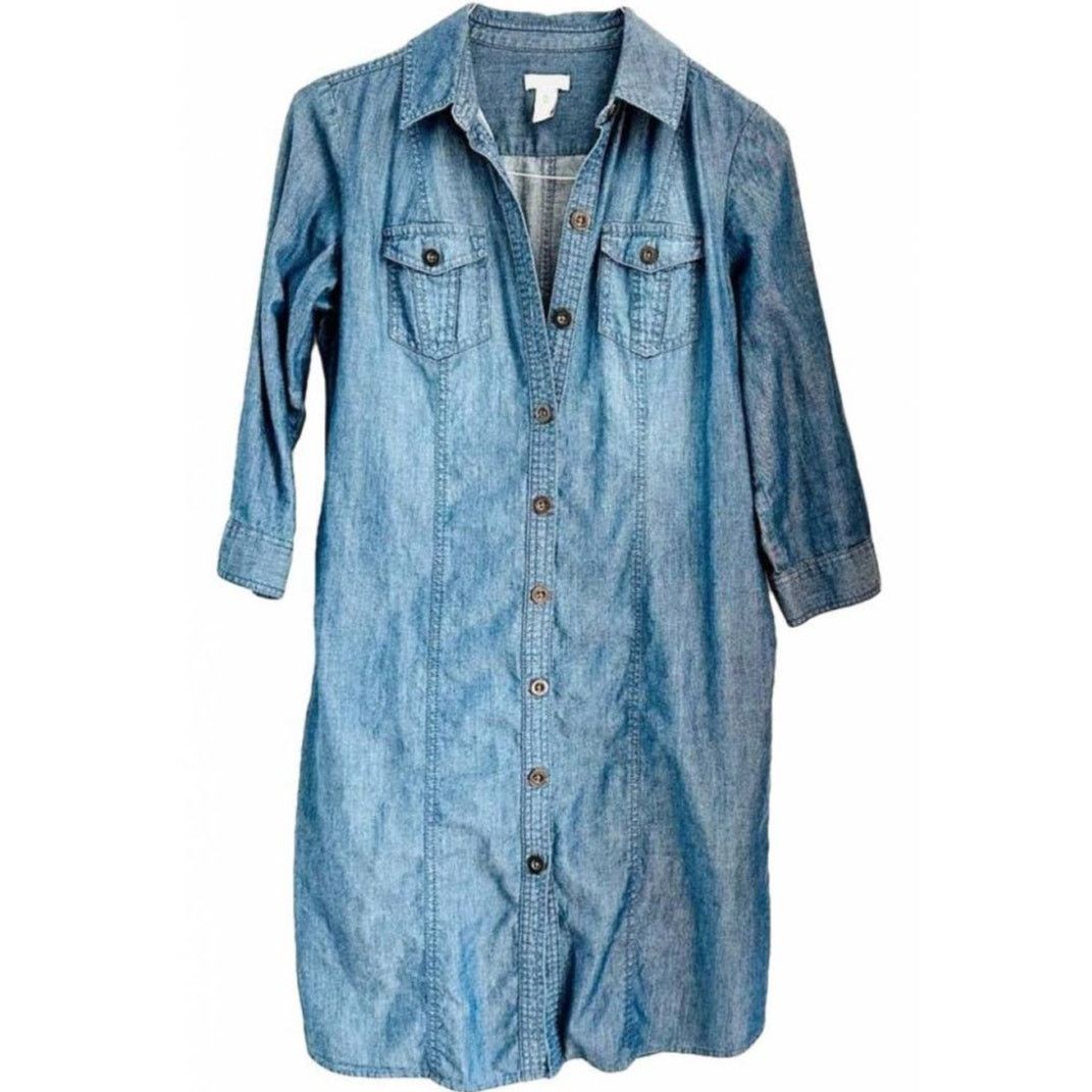 Chicos CHICOS Blue Denim Button 3/4 Mini Shirt Dress Tunic Pockets Size S / US 4 / IT 40 - 9 Thumbnail