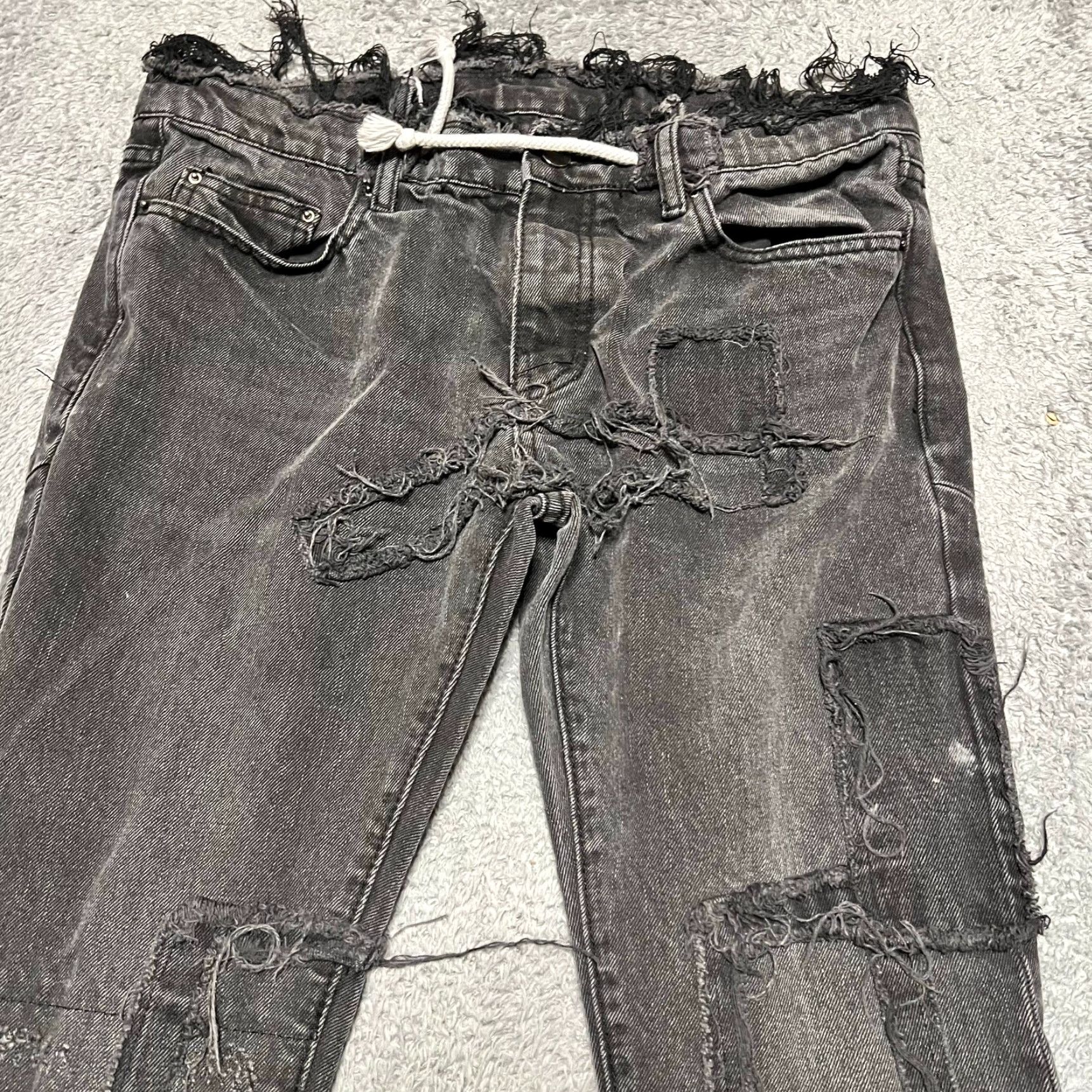 MNML MNML Jeans Mens 33 Black Distressed Slim Rope Drawstring Button Fly 34x32.5 Inseam 32 Mens Size US 33 - 2 Thumbnail