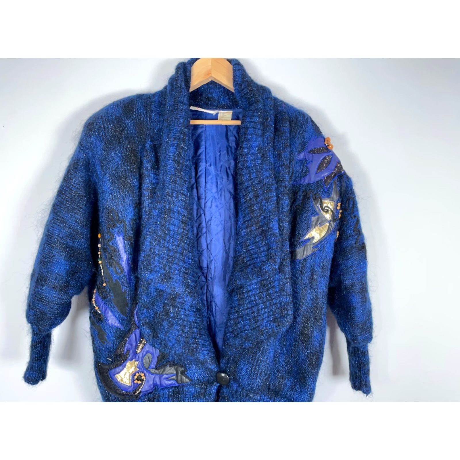 Vintage VINTAGE Edwards Cardigan Women's One Size Blue Mohair Oversized Shawl Collar Leather Trim Knitted Casual 90s Style Size ONE SIZE - 4 Thumbnail