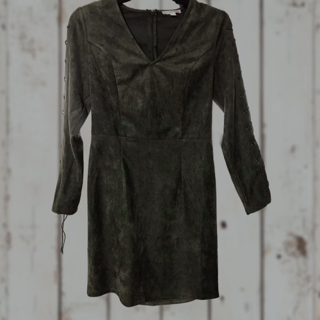 Vintage GB Women’s Short Faux Suede Dress with Leather Tie Straps V-Neck OTG Rockabilly Fall Winter S Size S / US 4 / IT 40 - 1 Thumbnail