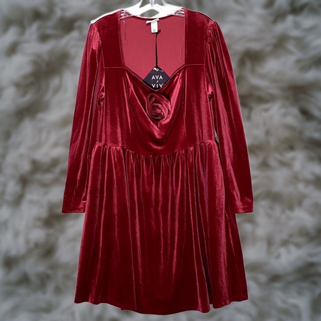 Vintage Ava & Viv Rosette Midi A-Line Red Dress 2XL Velvet Whimsigoth Emo Romantic NWT - Plus Size Size XXL / US 16-18 / IT 52-54 - 1 Thumbnail