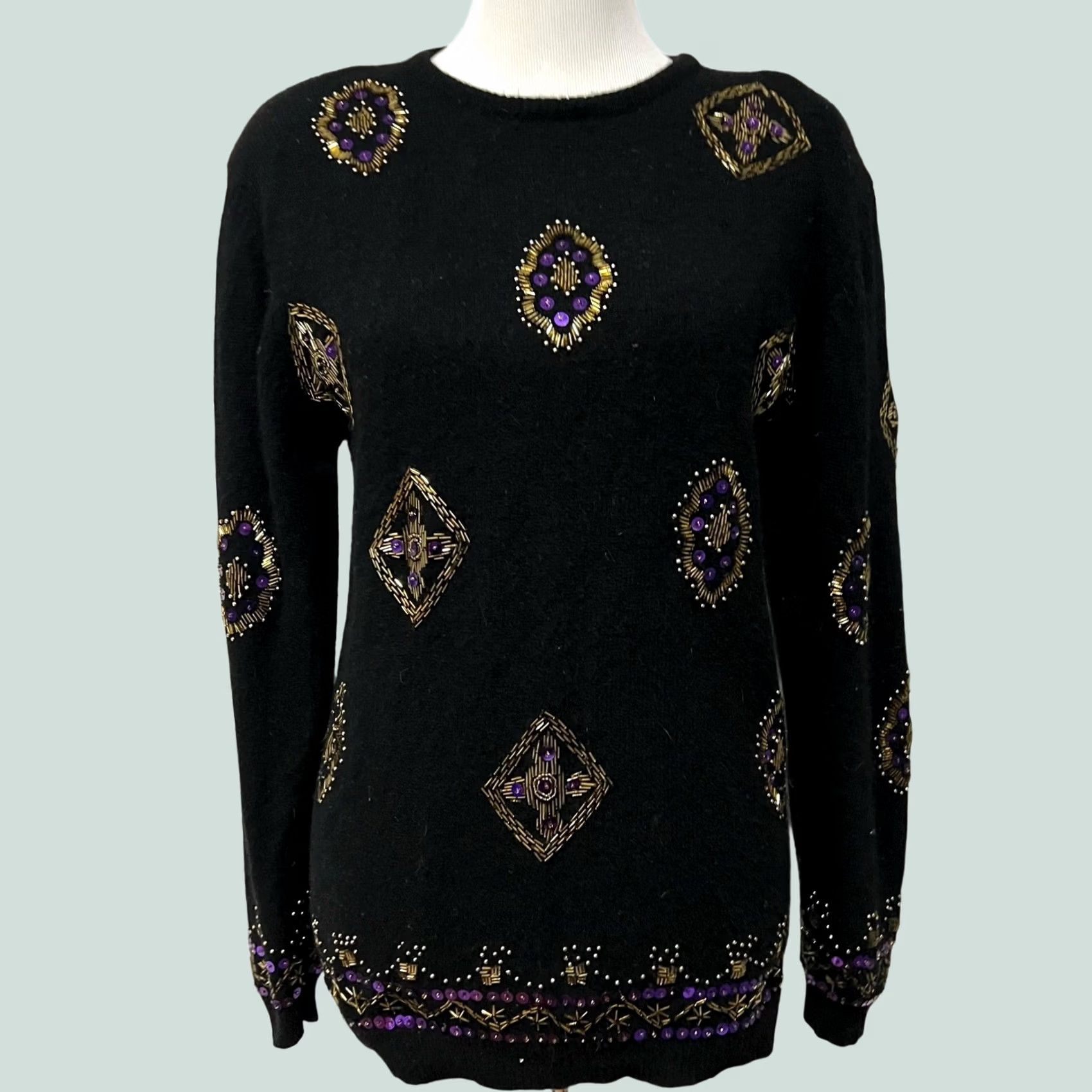 Vintage Effeci Sweater Women Black Beaded Angora Lambswool 80s 90s Sz S Pullover Vintage Womens Size S / US 4 / IT 40 - 1 Thumbnail