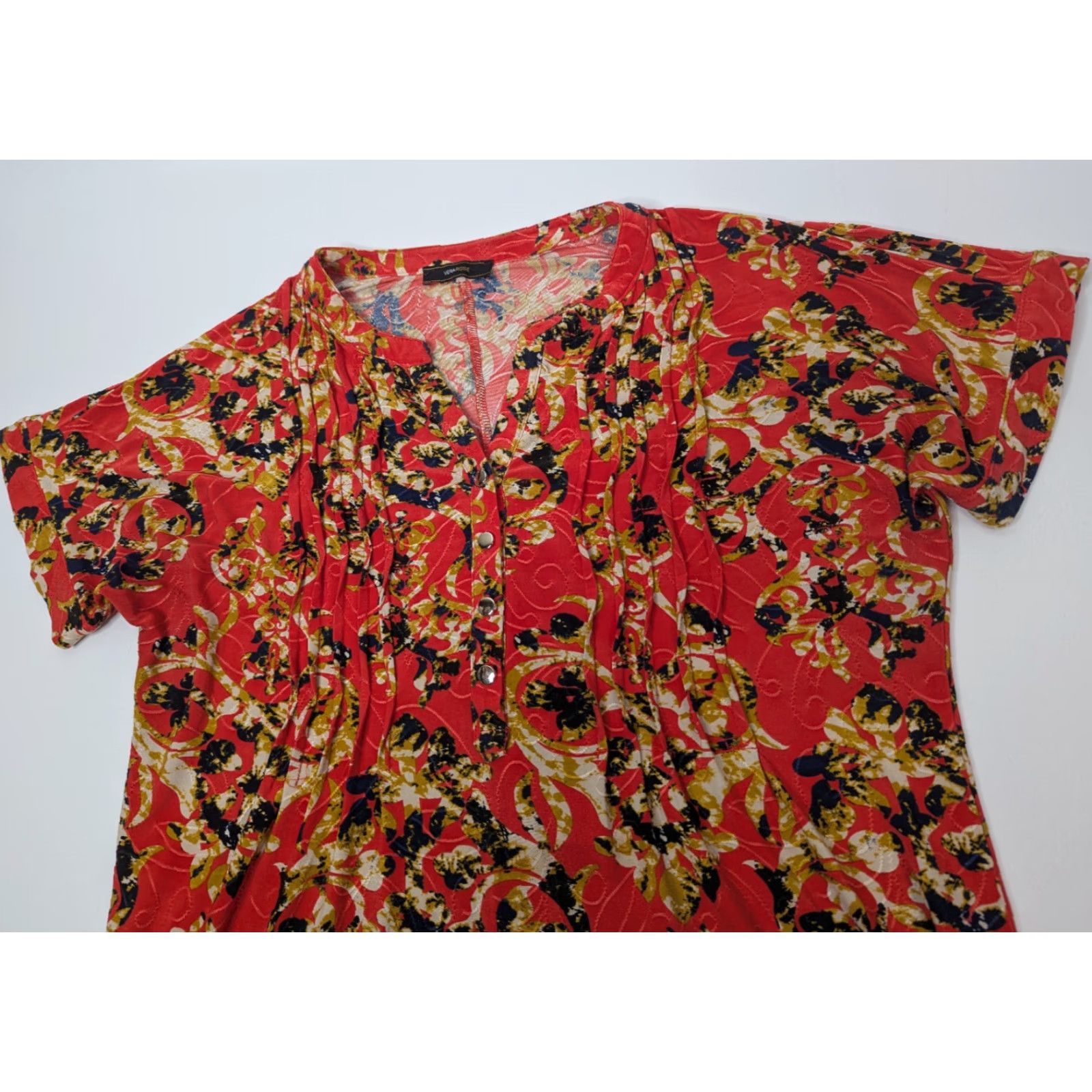 Vintage Vera Rose Women's Orange Sleeveless Pintuck Button V-Neck Henley Cap Sleeve Shirt Blouse Tunic Women Size ONE SIZE - 2 Thumbnail