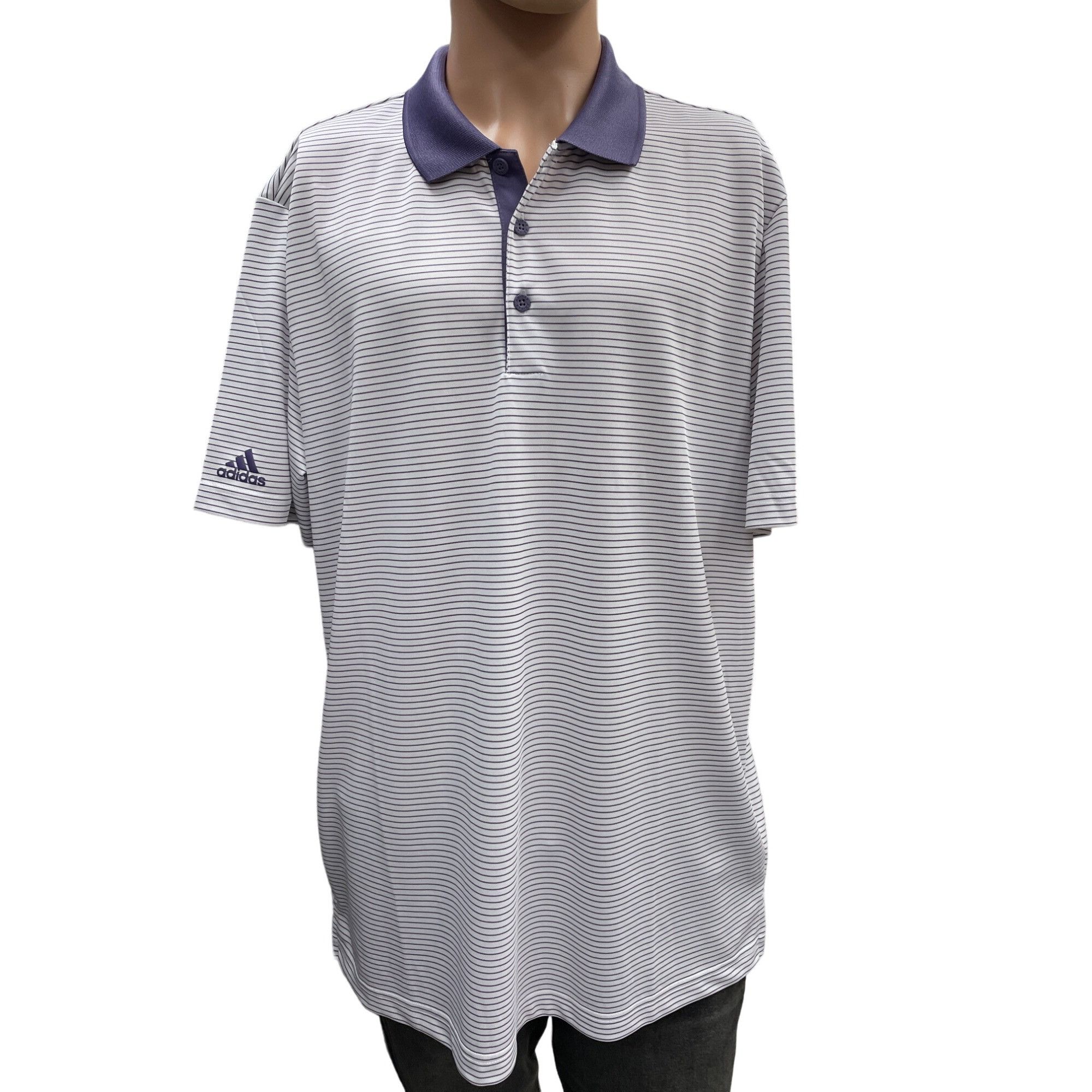 Adidas Adidas Men Purple and White Striped Polo Size L SKU 1283 Size US L / EU 52-54 / 3 - 1 Thumbnail
