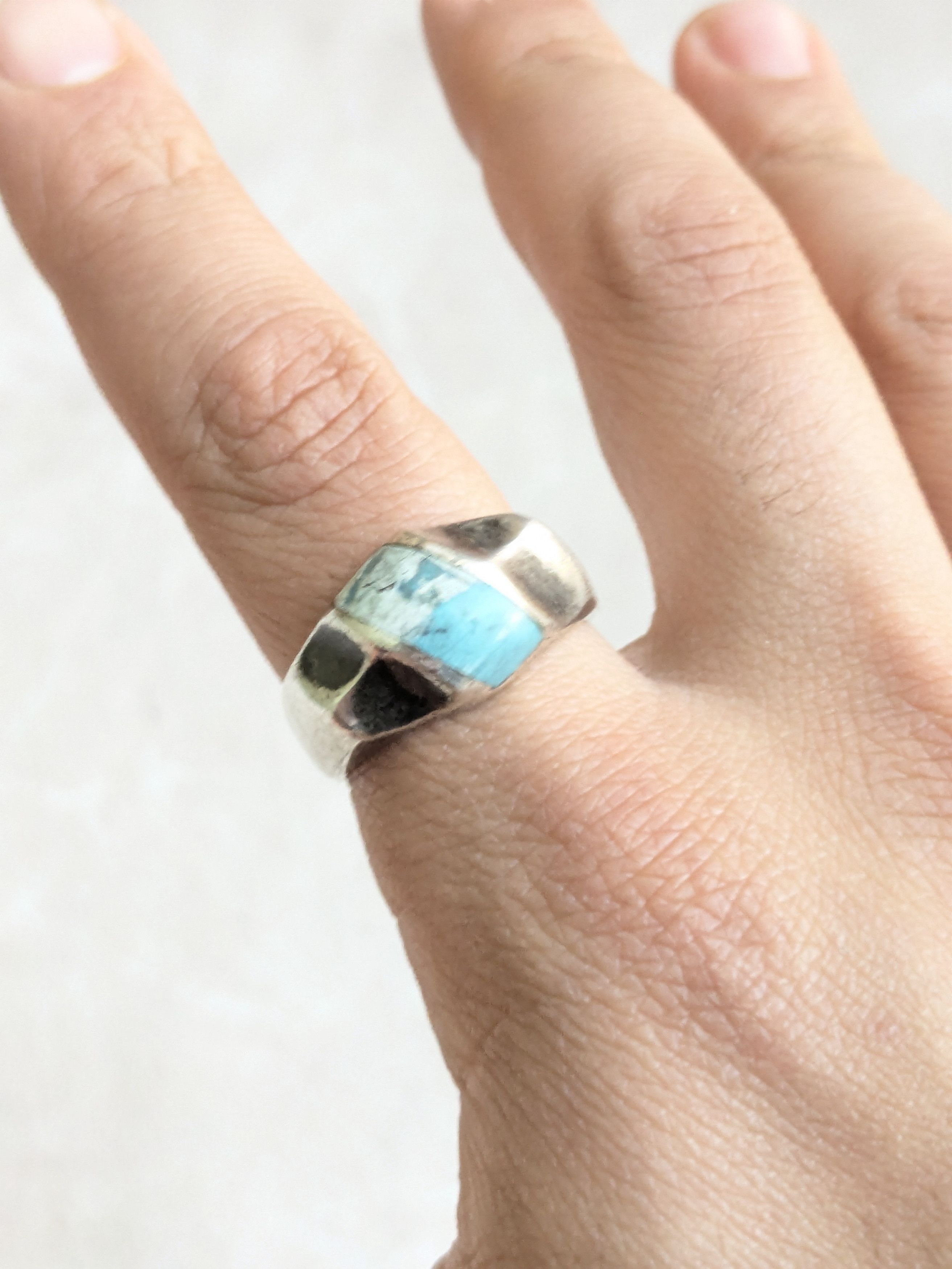 Sterling Silver Vintage Sterling Silver Ring Turquoise Taxco Inlay 12 Size ONE SIZE - 11 Thumbnail