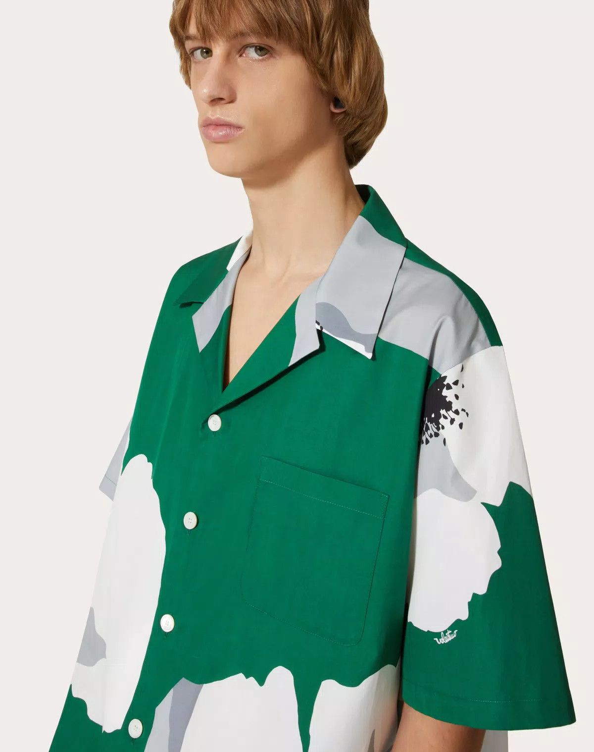 Valentino oc11z0725 Cotton Poplin Bowling Shirt in Green/White Size US M / EU 48-50 / 2 - 6 Thumbnail