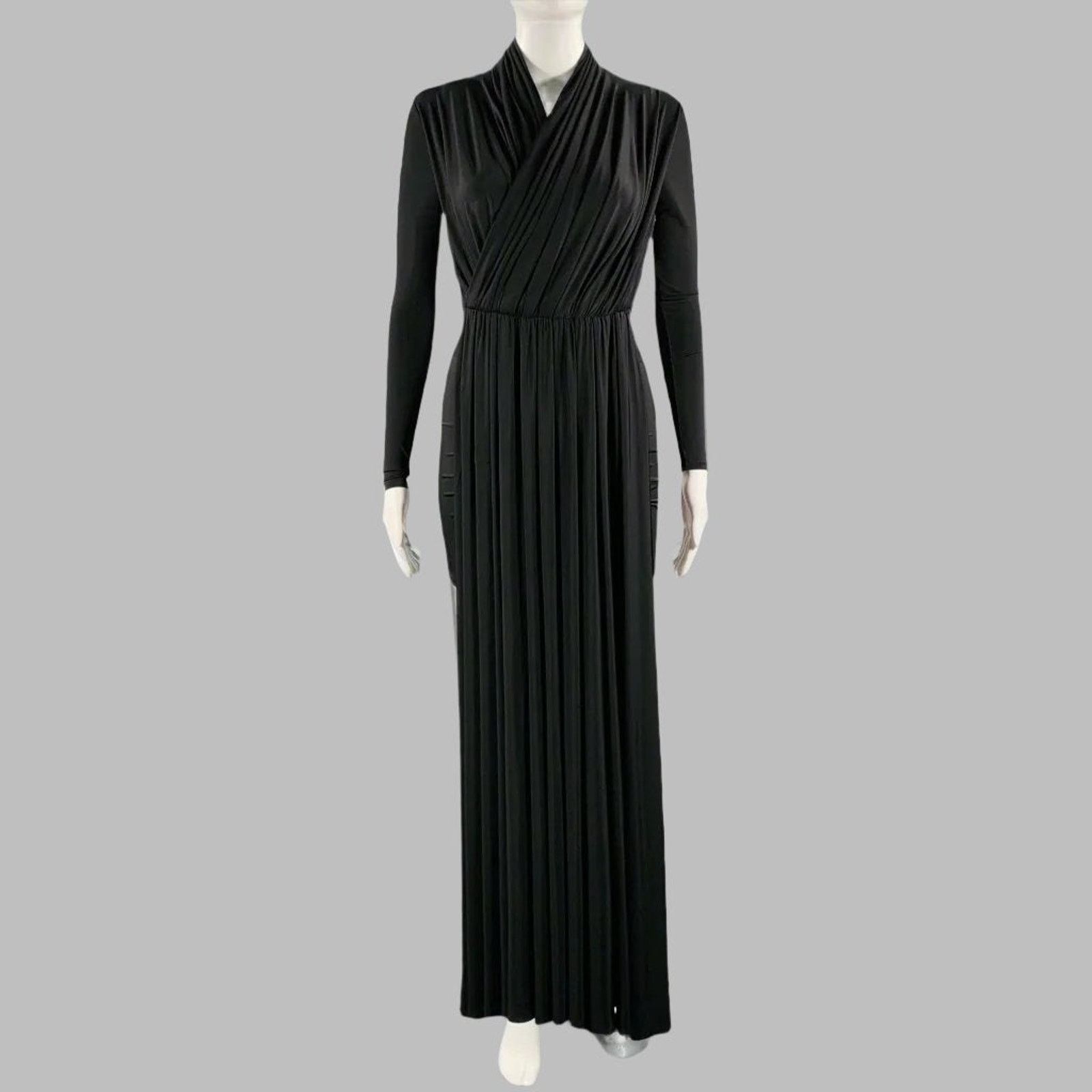 Size 4 Black Viscose Blend Draped Long Sleeve Cocktail Dress