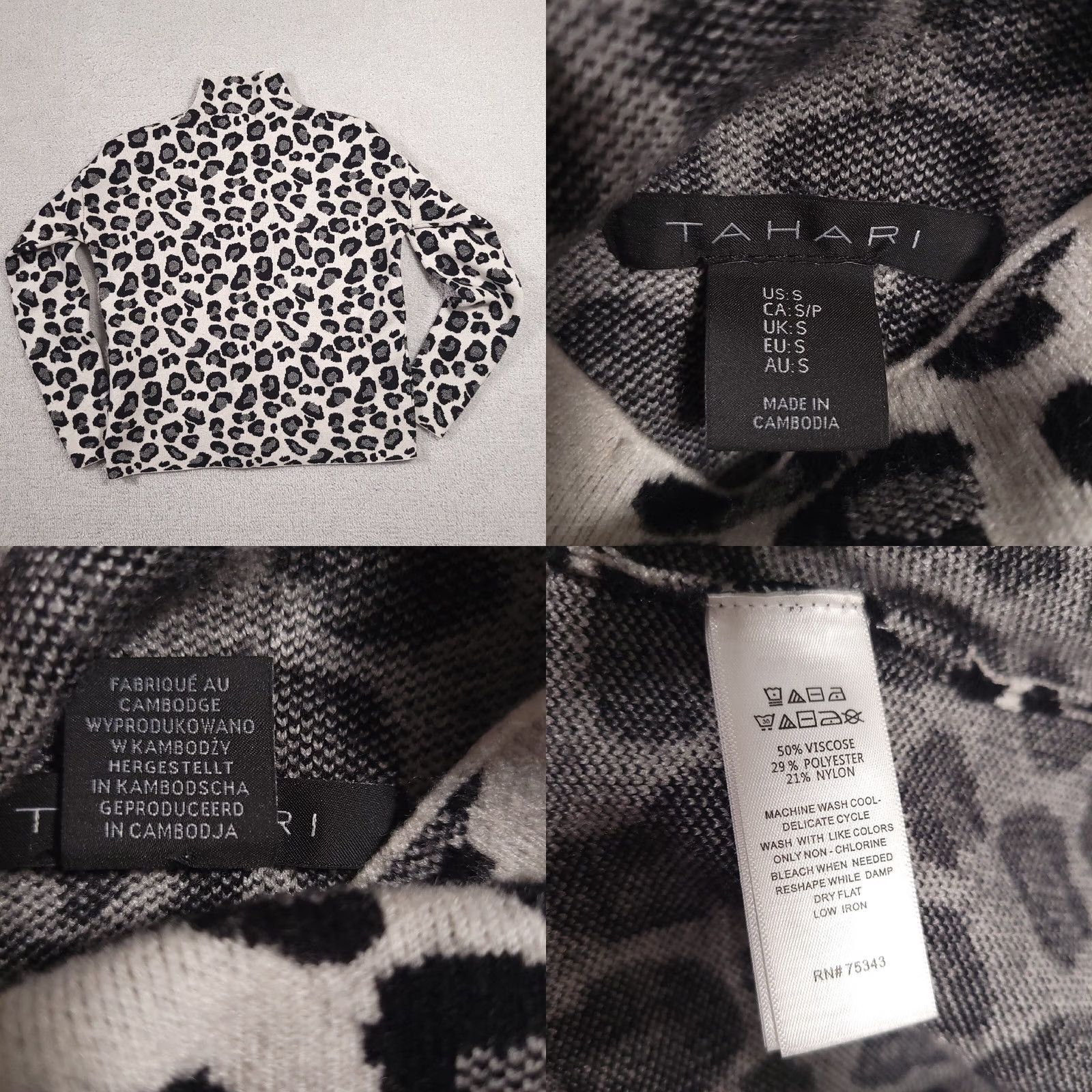 Vintage Tahari Leopard Print Mock Neck Sweater Womens Small White Black Stretch Pullover Knit Vintage? No (remove question) Size S / US 4 / IT 40 - 8 Thumbnail