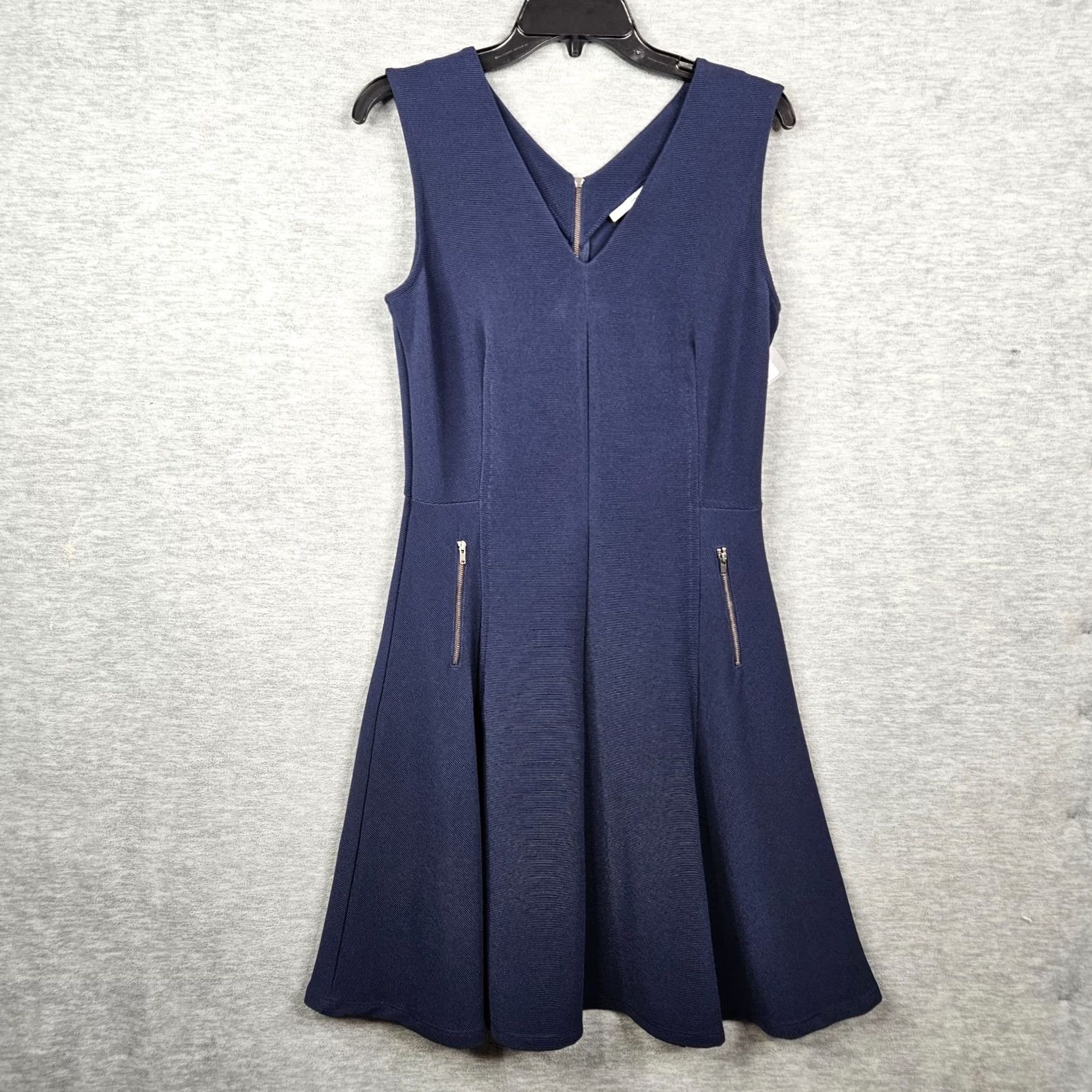 Vintage Halogen Dress Sleeveless Navy Blue Fit & Flare V-Neck Zipper Size M NEW Women Casual Short Above the Knee Size M / US 6-8 / IT 42-44 - 2 Thumbnail