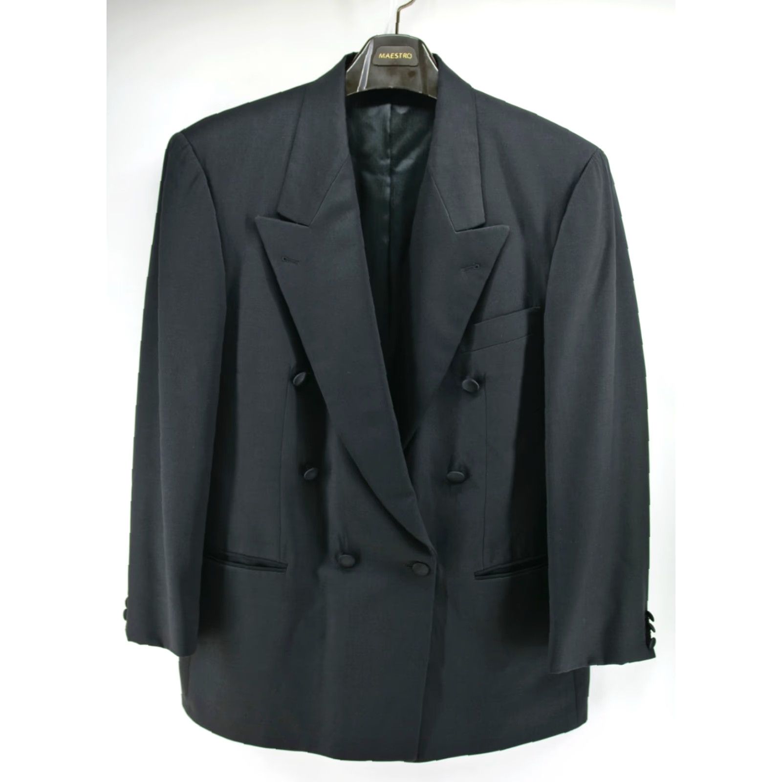 HUGO BOSS Super 100 Wool Satin Trim Jacket TUXEDO Suit 42R Mens Double-Breasted Notch Lapel Regular Slim Inner Pockets Dry Clean Only Black