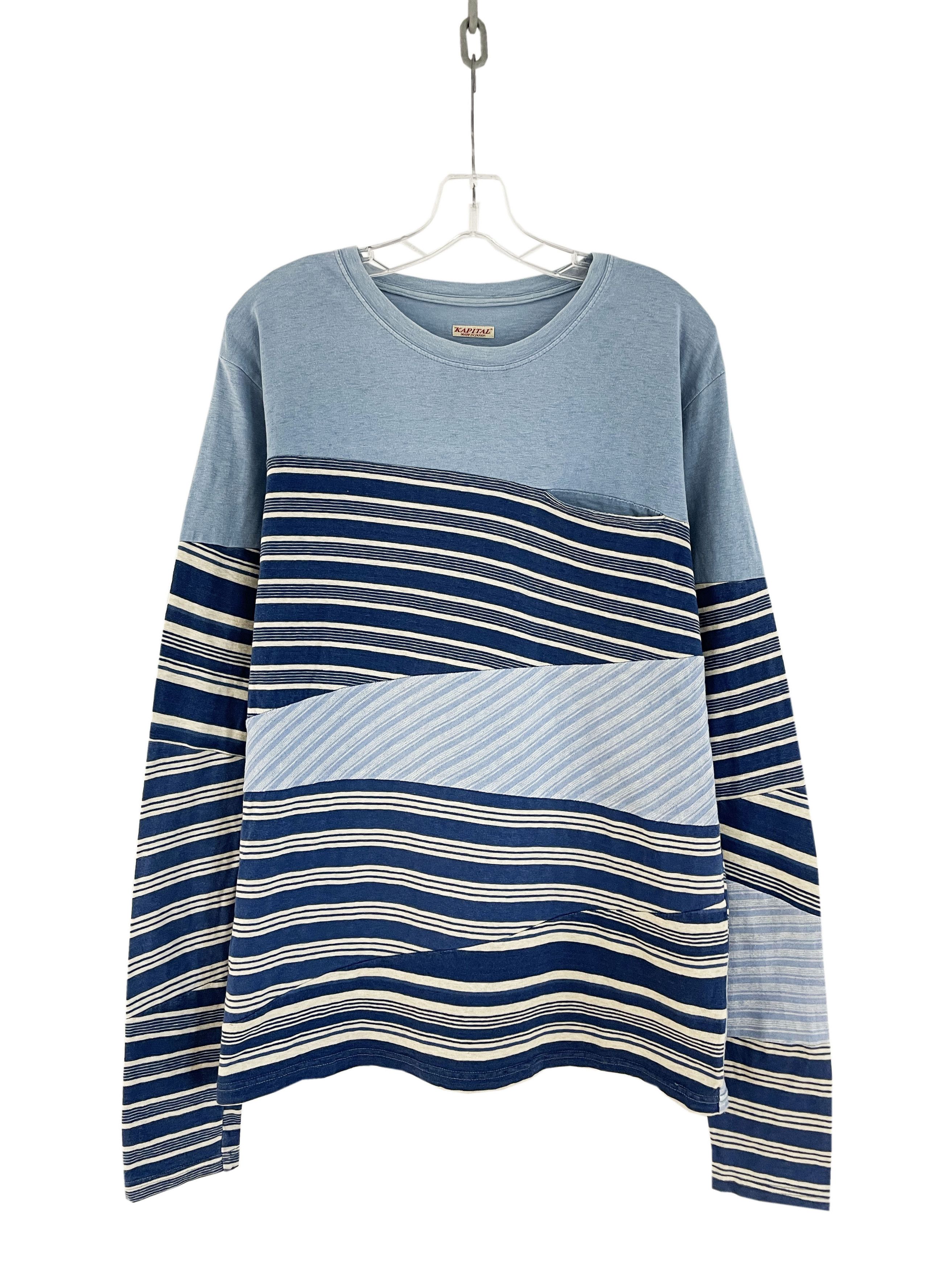 image of Kapital Striped Patchwork Longsleeve in Blue, Men's (Size XL)